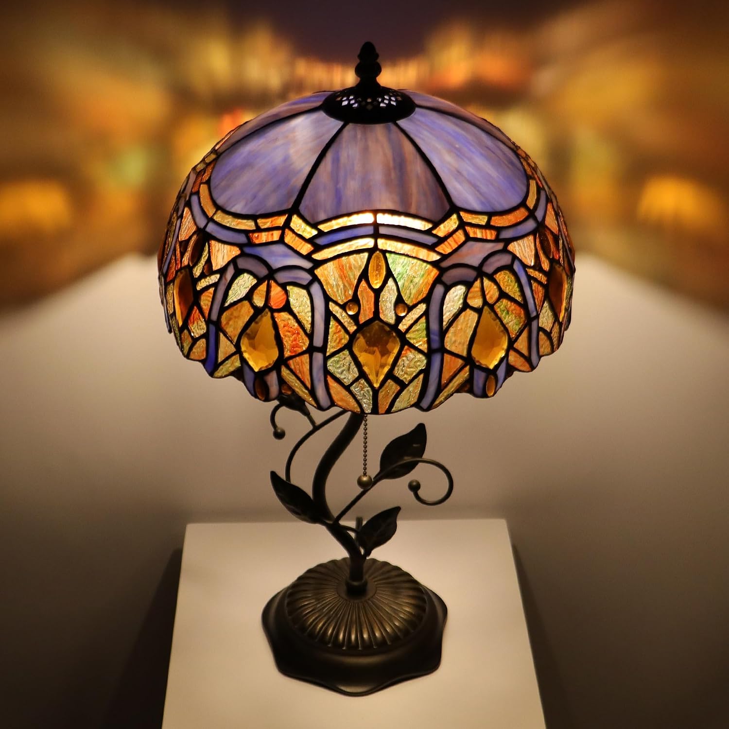Tiffany Lamp Purple Brown Jewelry Baroque Style Stained Glass Table Lamp Desk Bedside Reading Light 12X12X19 Inches Bronze Resin Metal Leaf Base