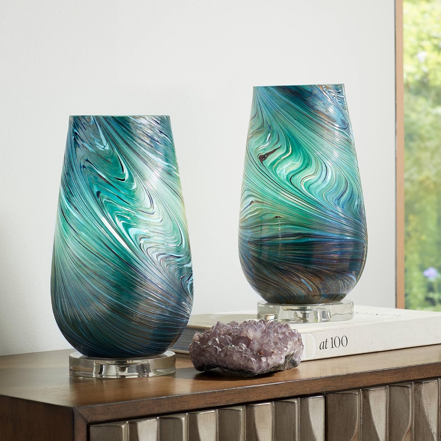 360 Lighting Carmen Modern Accent Table Lamps 12 1/2' High Set of 2 Green Clear Crystal Swirl Art Glass Shade for Bedroom Living Room Nightstand Bedside Night Stand Office Kids Room