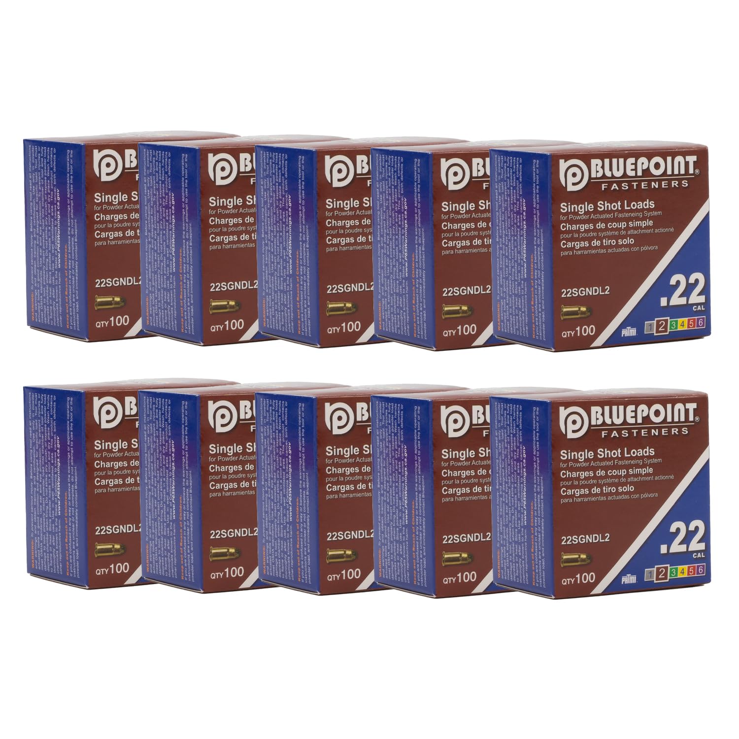 BLUEPOINT .22 Cal Brown Neck Down Single Shot Powder Load for Powder Actuated Fastening System, (1000 - Count). Item# 22SGNDL2 10-Pack Save $30