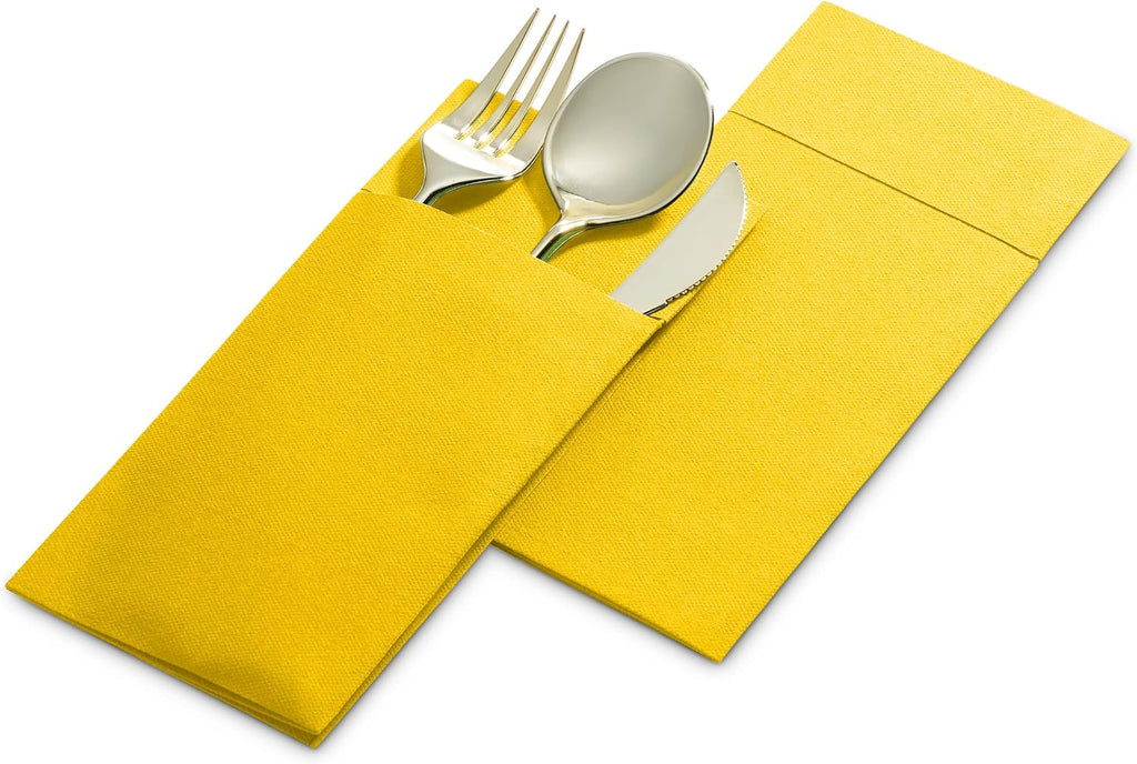 Disposable Linen-Feel Dinner Napkins with Built-in Flatware Pocket, 500-Pack YELLOW Prefolded Cloth Like Paper Napkins For Dinner, Wedding Or Party