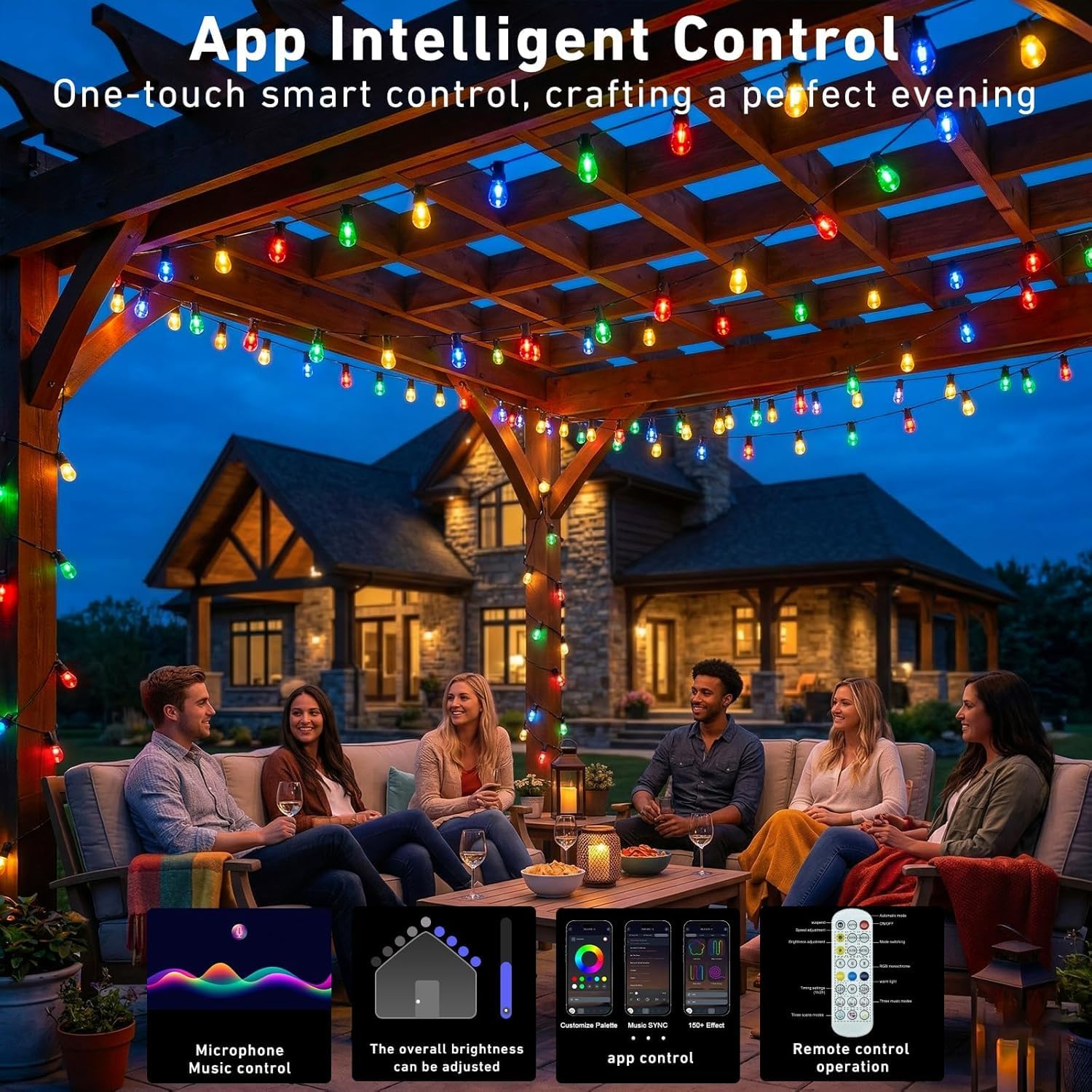 Outdoor String Lights,400FT Smart RGB+IC Patio Lights with Shatterproof LED Bulbs ,Outside Light Dimmable Patio for Decor DIY IP67 Waterproof ,Courtyard, garden,Holiday,LED lights more Scene Modes