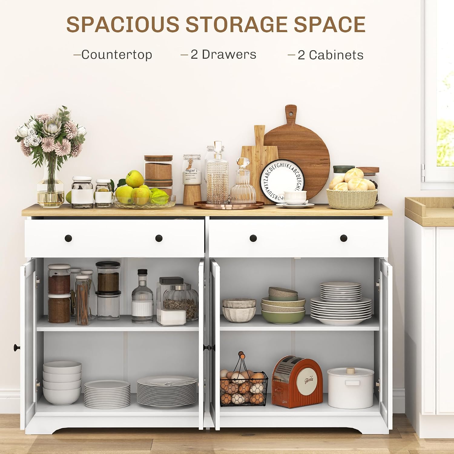 HOMCOM Sideboard Buffet Cabinet with Storage, 55' Modern Kitchen Cabinet with 4 Doors, 2 Drawers and 2 Adjustable Shelves, Coffee Bar Cabinet, White