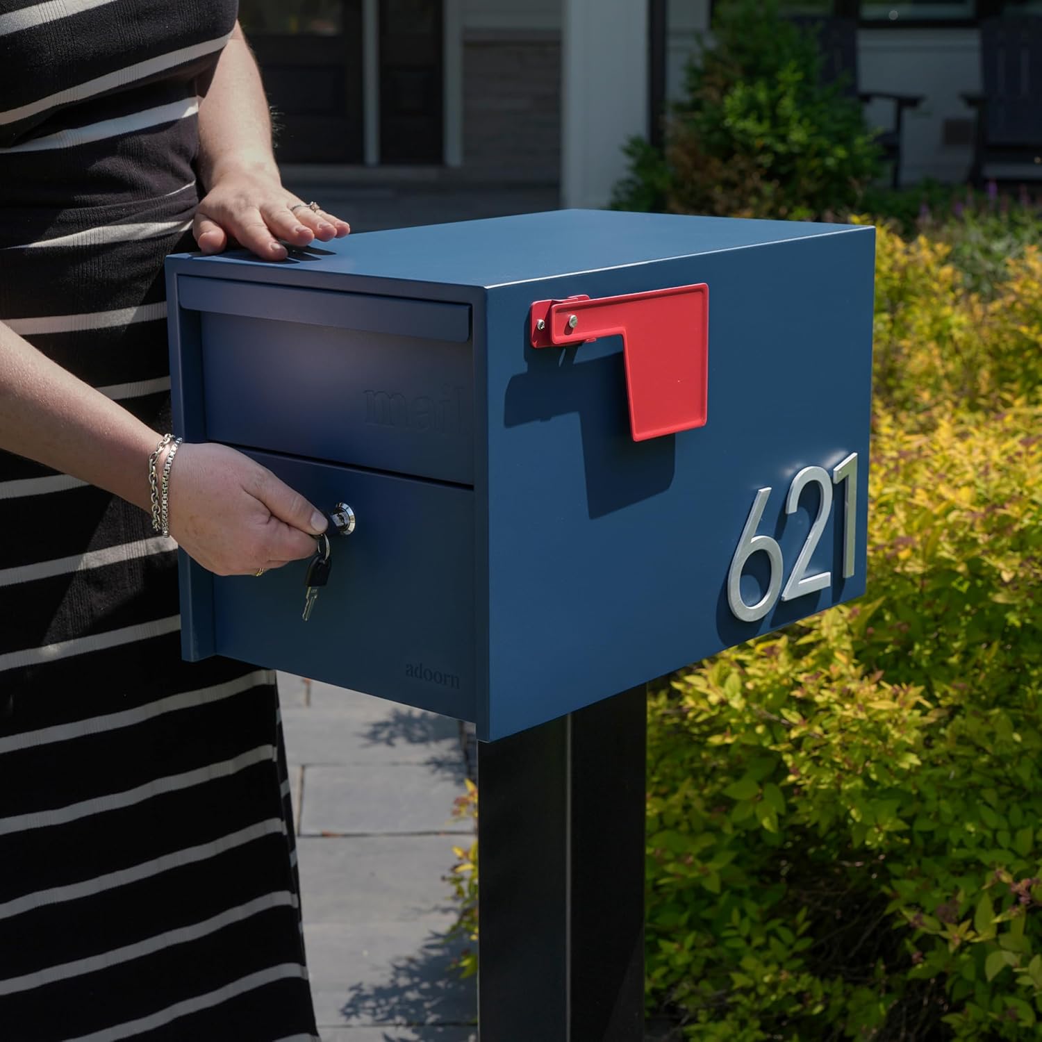 Adoorn Lockable Post Mount Mailboxes for Outside - Small Anti-Theft Locking Mailbox for Packages and Letters - Weatherproof Construction - Durable Steel - 12' H x 12' W x 18.5' D - Navy