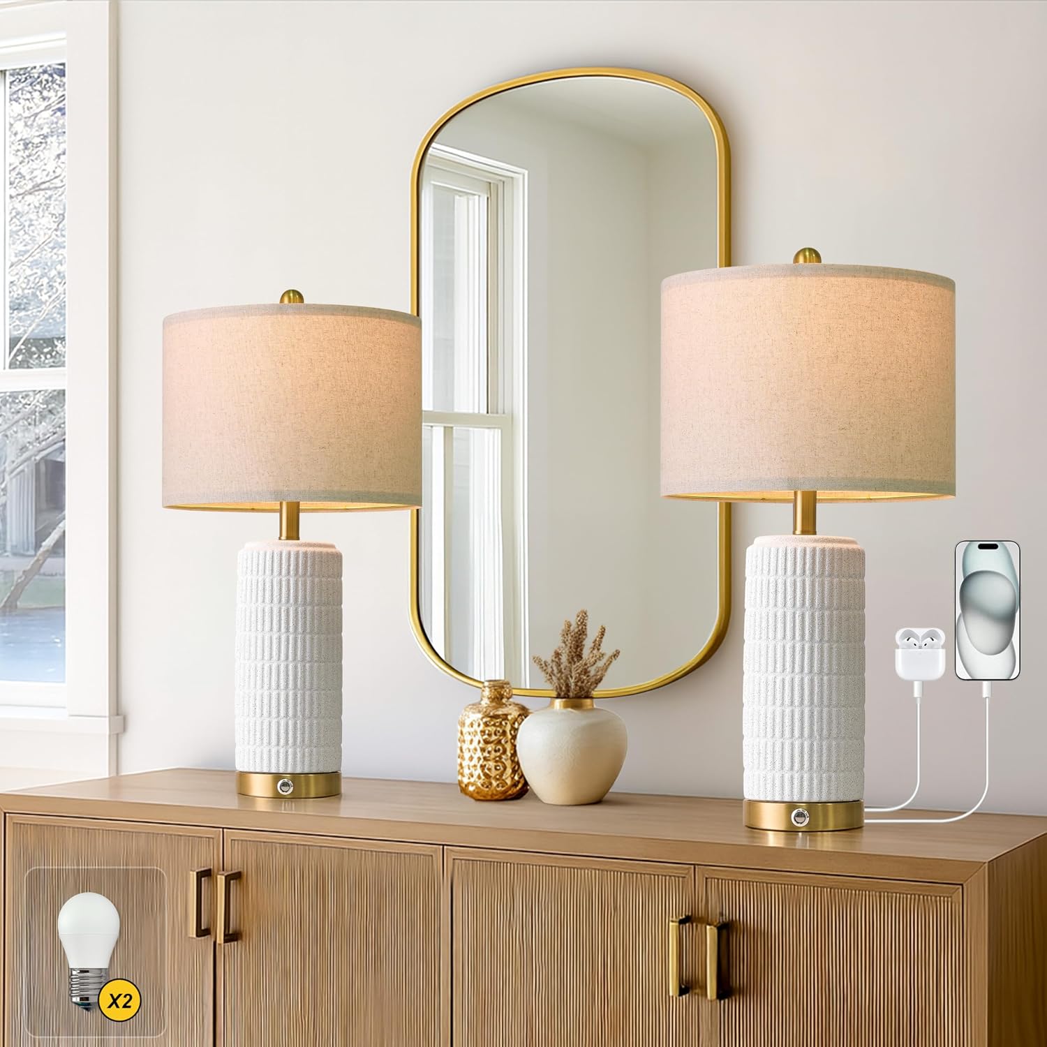 PoKat Stone-Like Ceramic Table Lamps with USB Ports for Bedroom, 25'' Matte-White Dimmable Nightstand Touch Lamps for Night Stands with Gold Base, Farmhouse Lamps for Living Room End Side Table