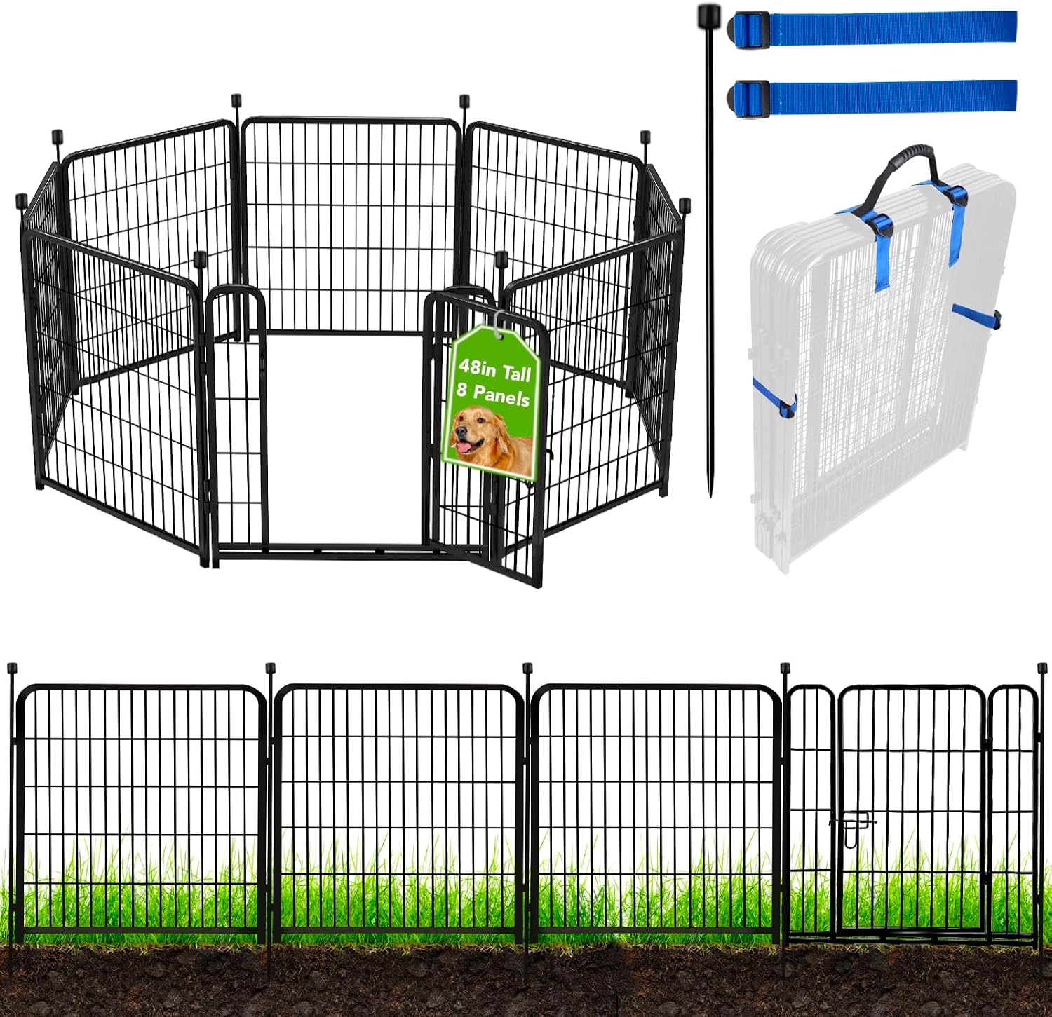 ADAVIN Tall Garden Fence with Gate, 48 in(H) 8 Panels Heavy Duty Iron Metal Animal Barrier Fence, Indoor Dog Playpen, Temporary Fencing, Dog Fence Outdoor for Yard, Total17.7 Ft(L), Black