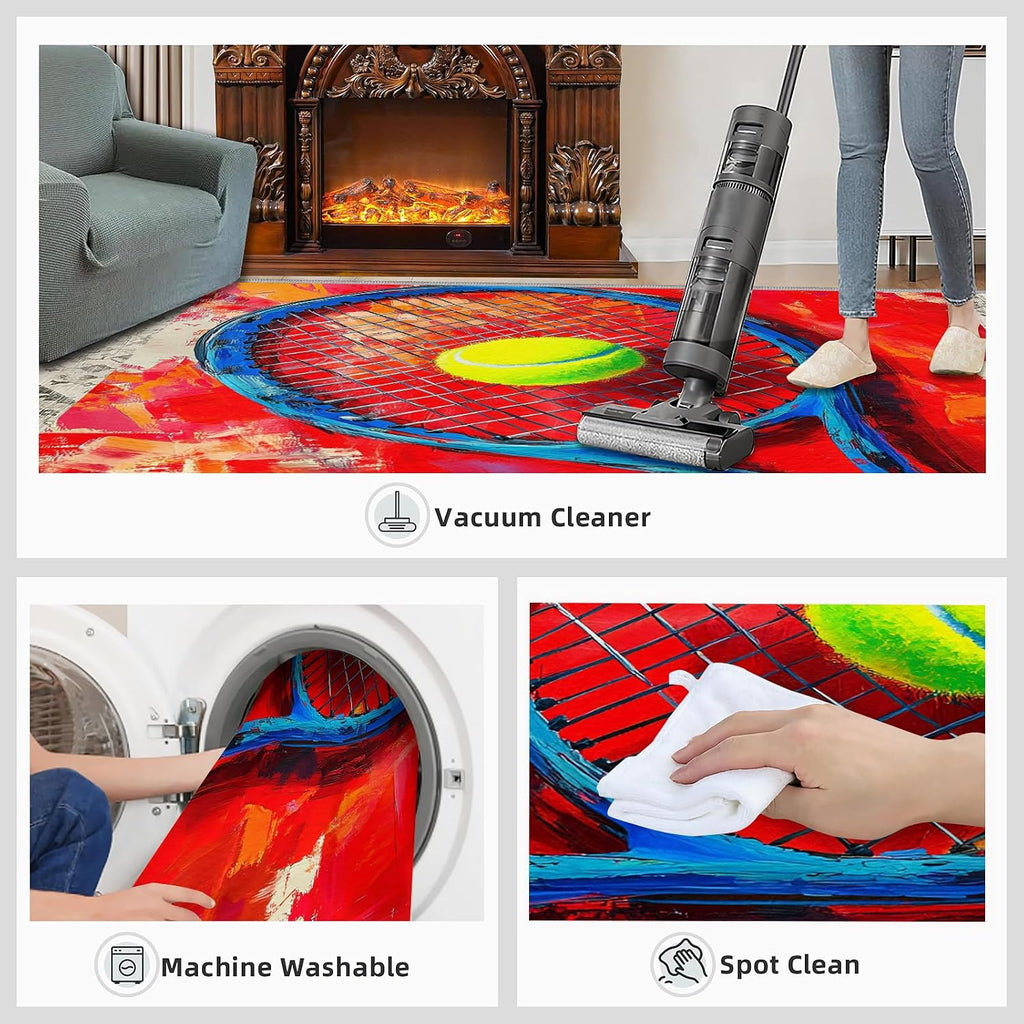 5x7 Tennis Racket Rugs for Bedroom - Sports Equipment Print Rug, Pop Art Rug Non Slip Soft Rugs for Living Room Hardwood Floors Teen Room