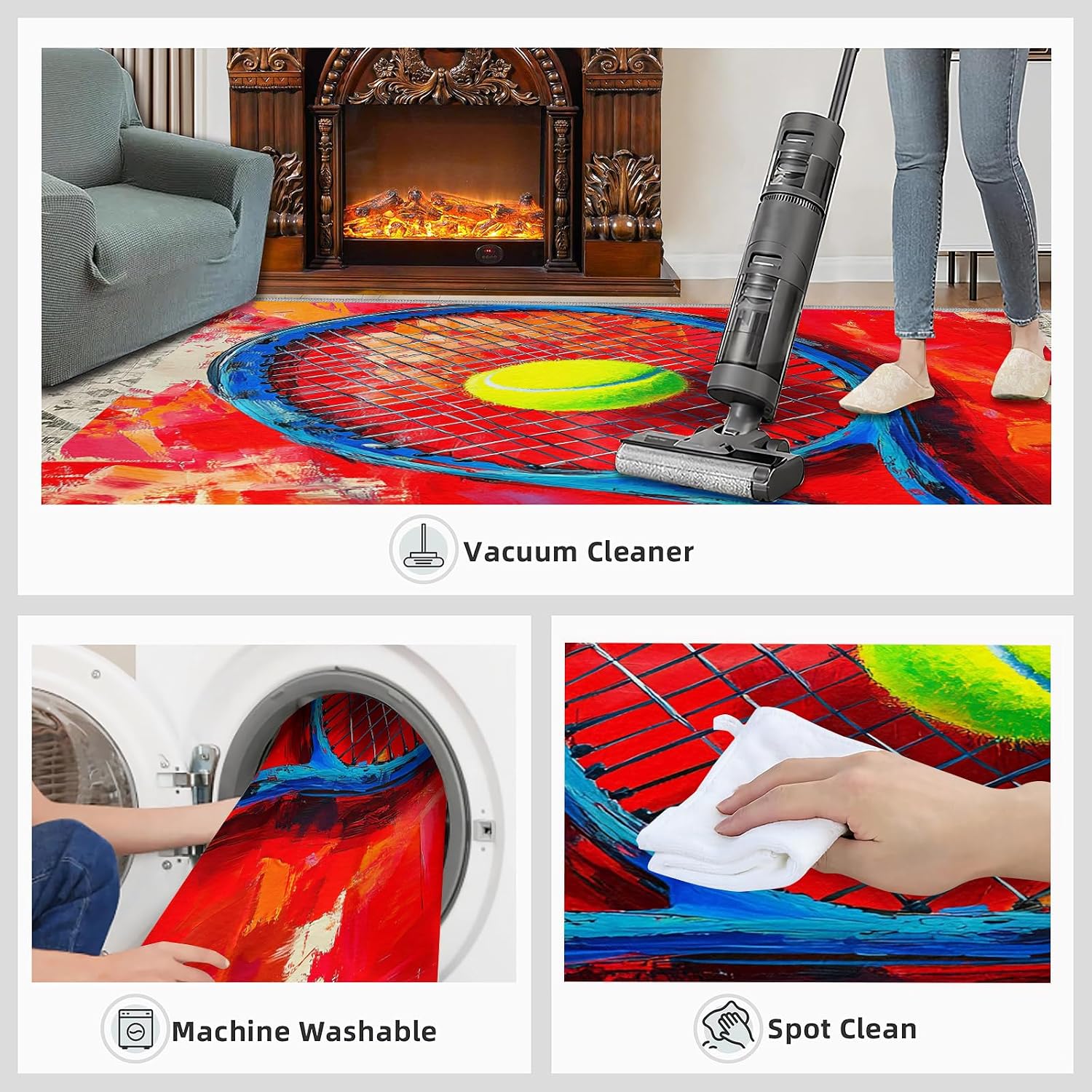 5x7 Tennis Racket Rugs for Bedroom - Sports Equipment Print Rug, Pop Art Rug Non Slip Soft Rugs for Living Room Hardwood Floors Teen Room
