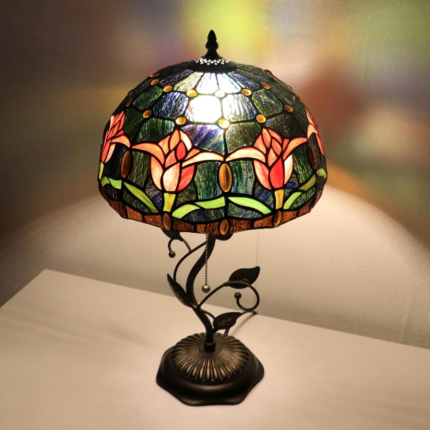 Tiffany Lamp Red Tulip Style Stained Glass Table Lamp Desk Bedside Reading Light 12X12X19 Inches with Metal Leaf Base