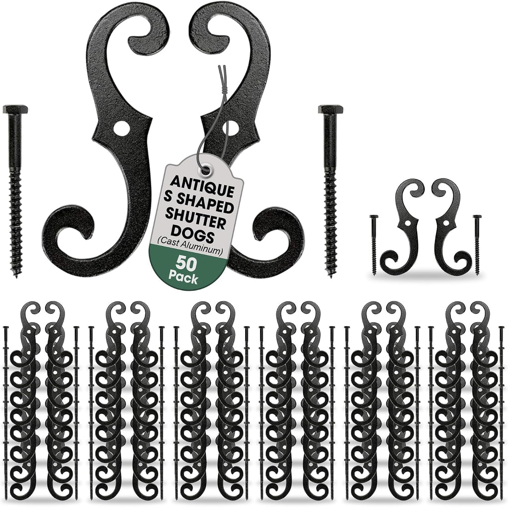 Renovators Supply Decorative S Style Shutter Dogs - Rust Resistant Powder Coated External Shutter Tieback Hardware with Mounting Screws - 6.5 Inches, Cast Aluminum (Pack of 50 Pairs)