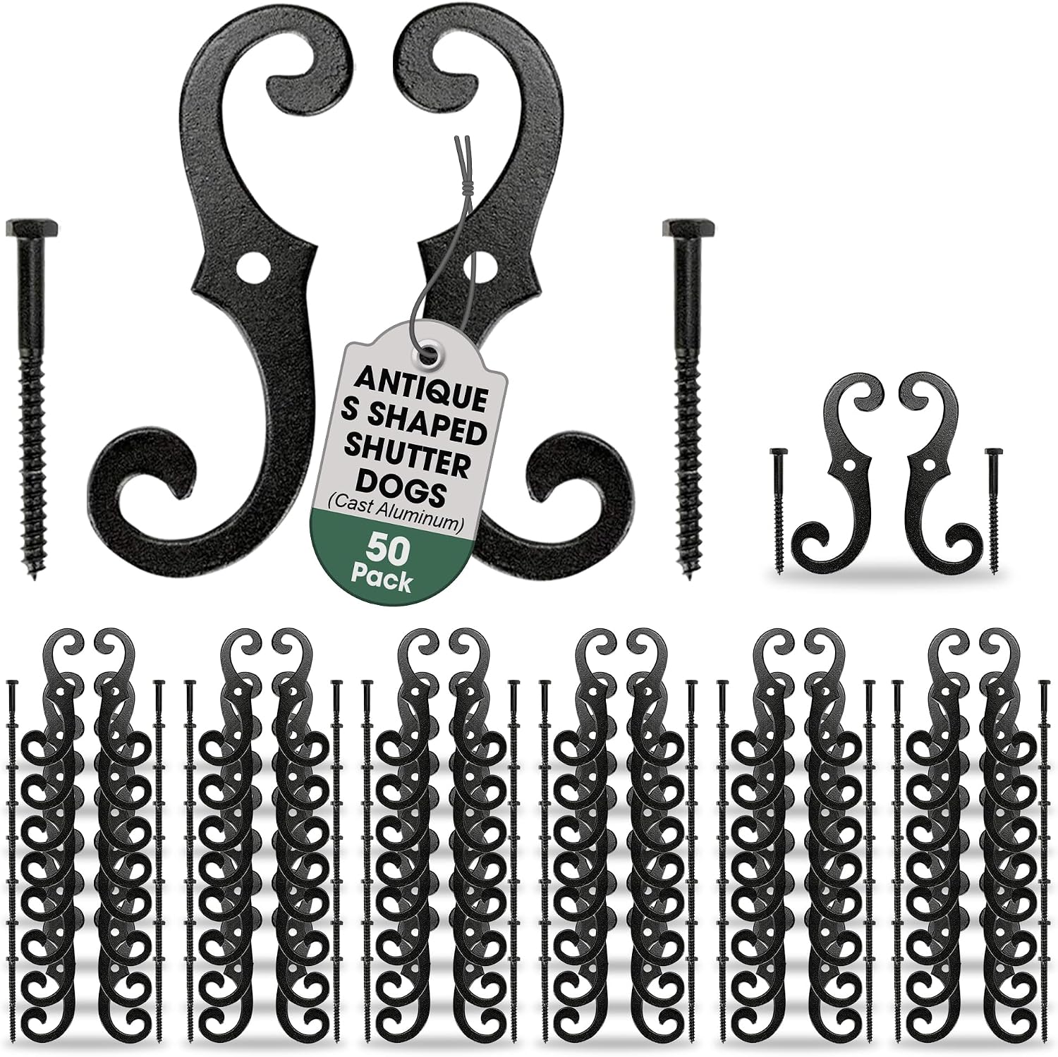 Renovators Supply Decorative S Style Shutter Dogs - Rust Resistant Powder Coated External Shutter Tieback Hardware with Mounting Screws - 6.5 Inches, Cast Aluminum (Pack of 50 Pairs)