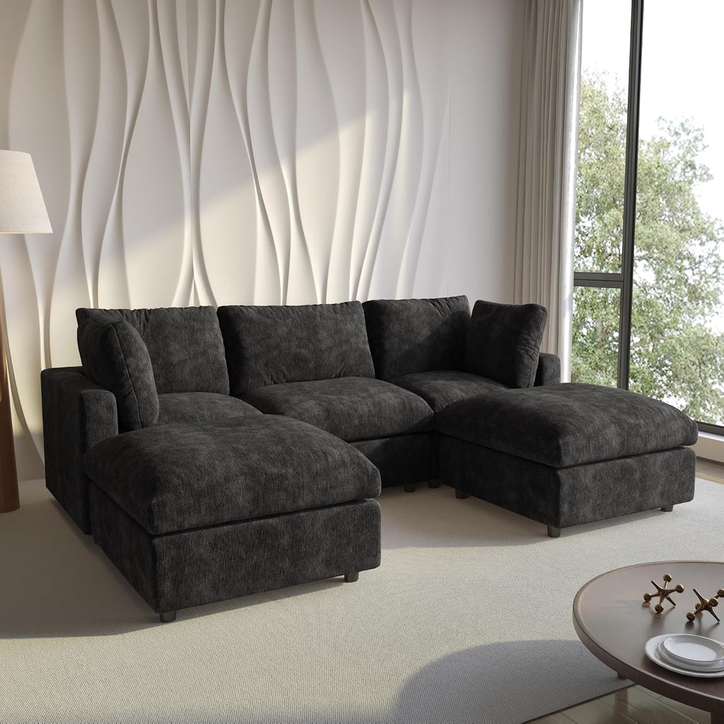 Cloud Couch Modular Sectional Sofa,100.5' U Shaped Couch, Oversized Convertible Wide Seater,3 Seater with 2 Ottomans for Living Room Set, Covers Washable&,Black