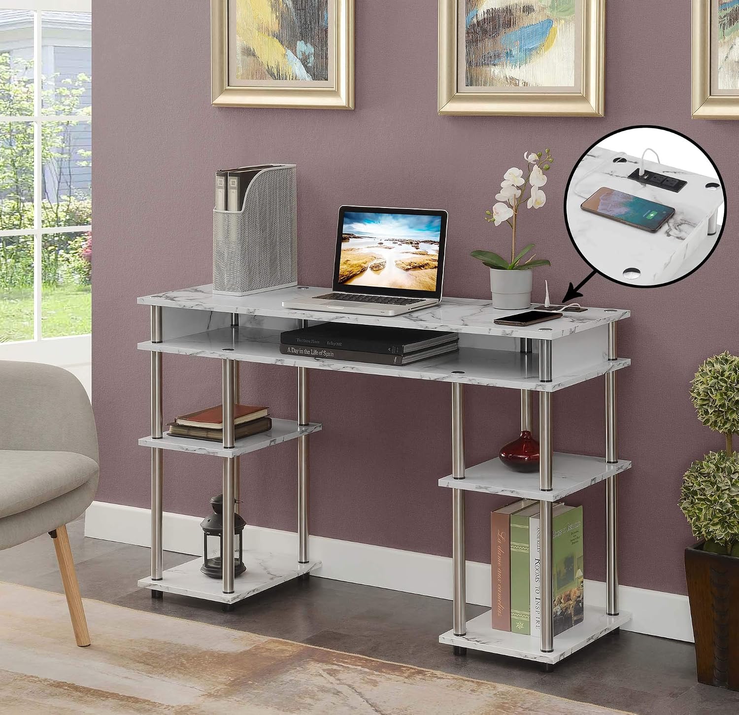 Convenience Concepts Designs2Go No Tools Student Desk with Charging Station and Shelves, White Marble