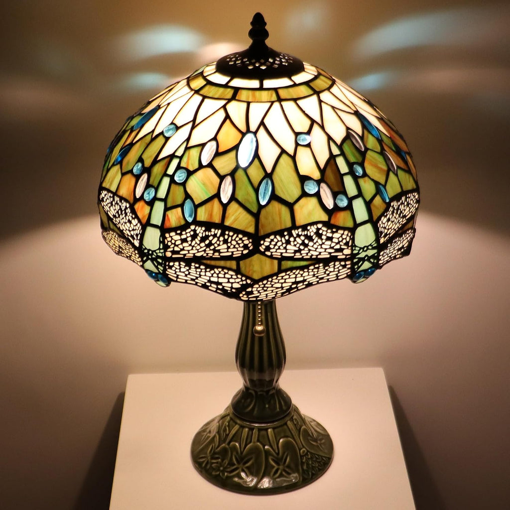 Tiffany Lamp Stained Glass Table Lamps Amber White Dragonfly Style Desk Lamp 12X12X18.5 Inch Bronze Ceramic Base Reading Light Suitable for Bedside Bedroom Living Room Dining Room Office