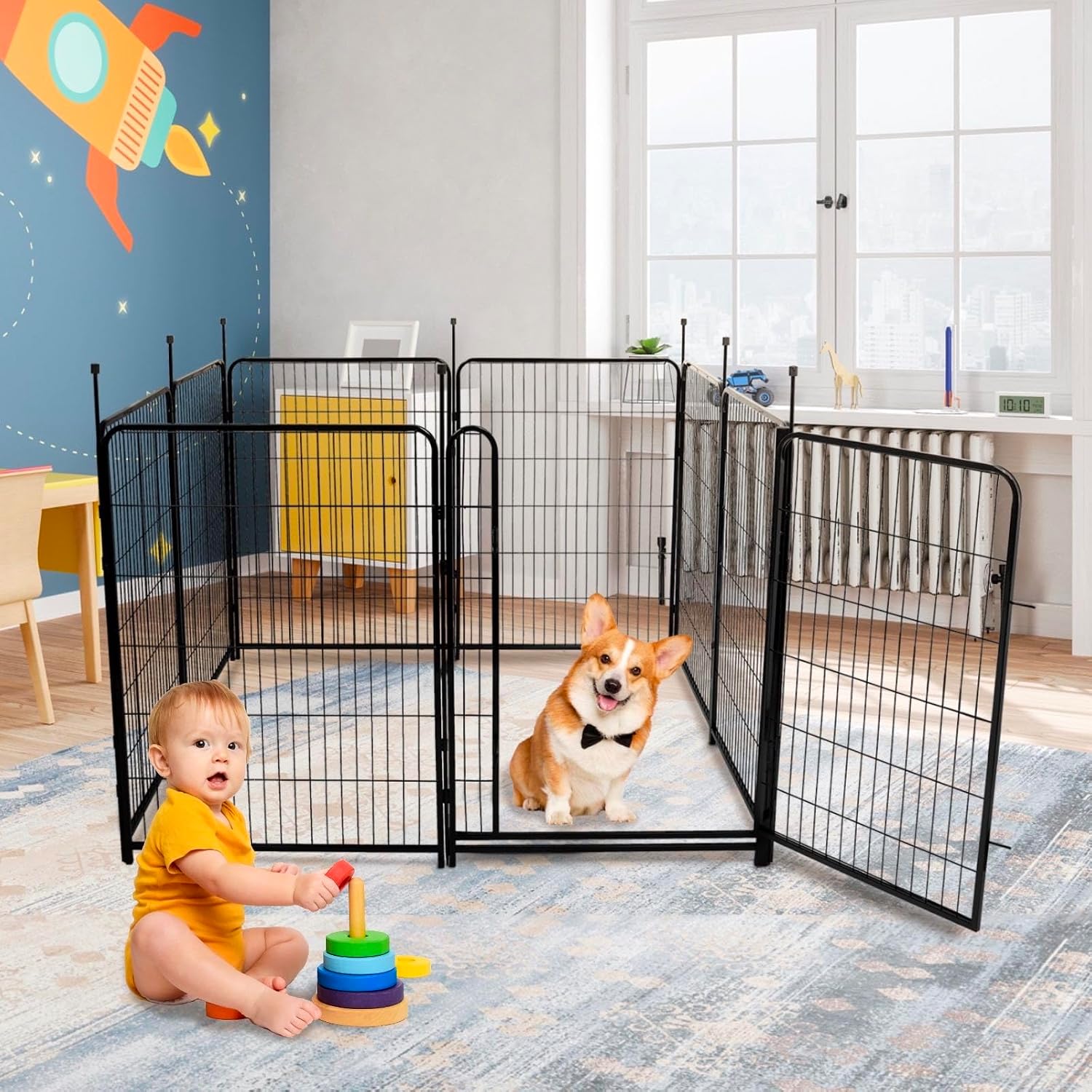 32 in(H) Dog Fence Outdoor For Yard, 21 in Wide Low Threshold Gate, 12 Panels Total 26.6 Ft(L) Fencing For Garden Beds, Animal Barrier Fence, Dog Pen Indoor or Outdoor,Landscape Fence Border