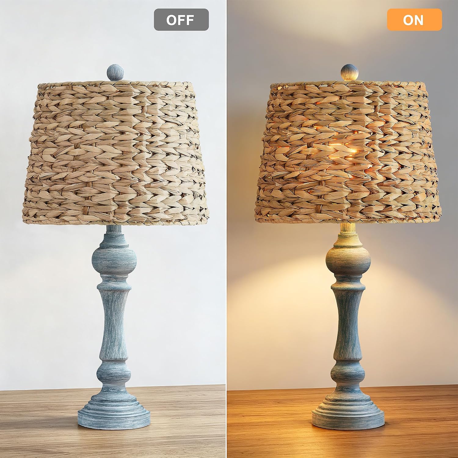Maxax 26' Boho Rattan Table Lamps Set of 2 with USB A+C Ports, Coastal Bedside Lamps with Rattan Shade, Distressed Antique Blue Farmhouse Wicker Lamps, Rustic Resin Nightstand Lamps for Living Room