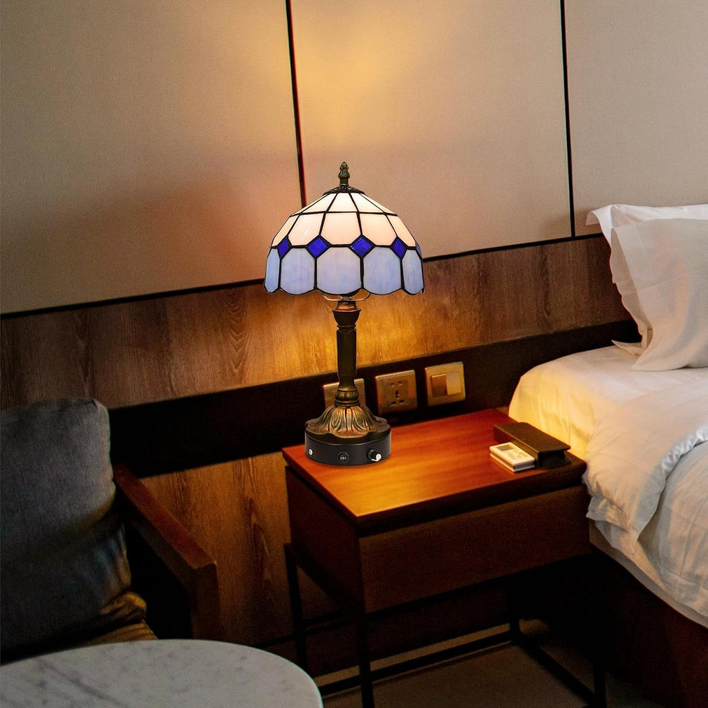 Kiven Cordless Table Lamp, Dimmable Bedside Lamps for Nightstand with Glass Lampshade, Tiffany-Style Rechargeable Desk Lamp for Reading Home Decor Bedside,1-Light