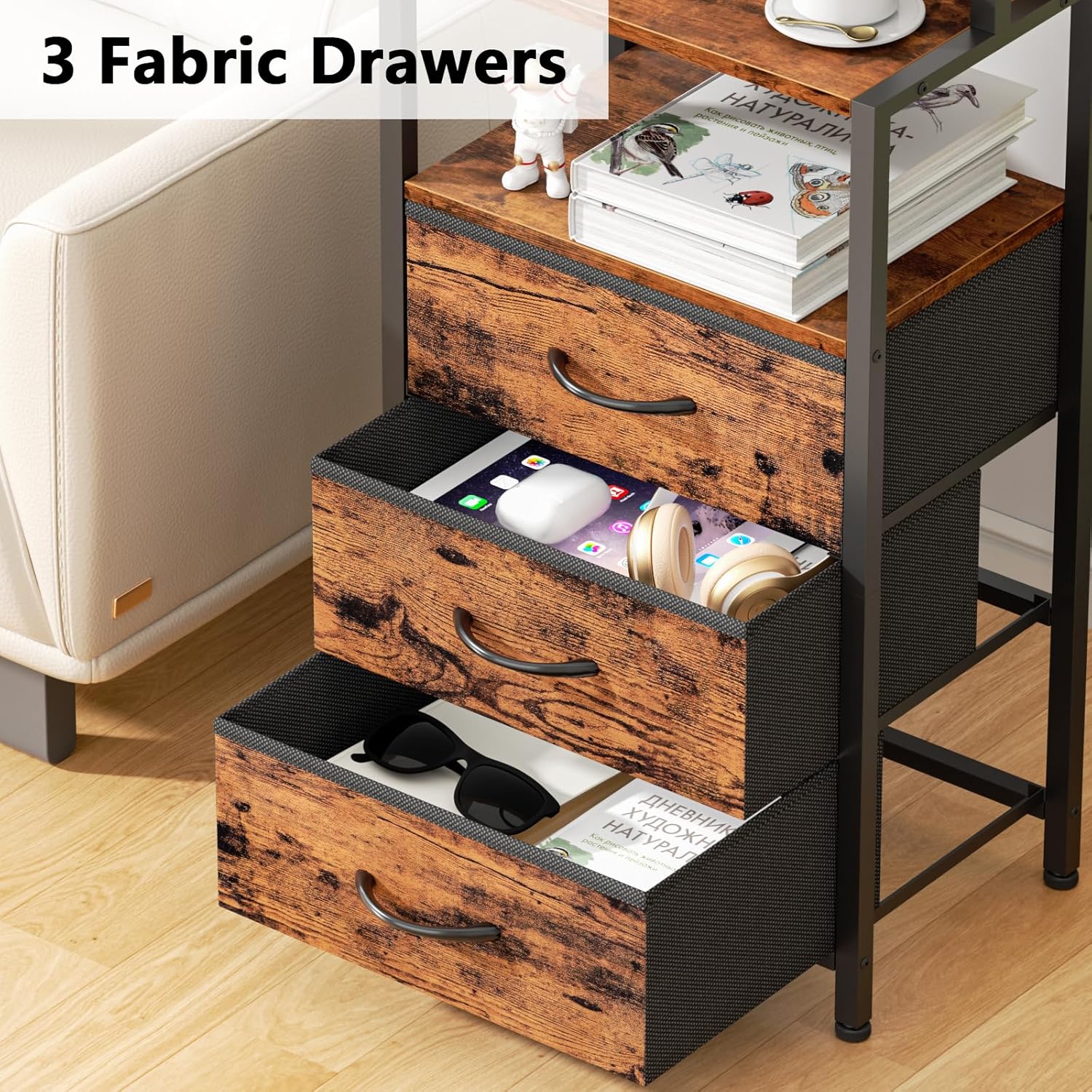 Furnulem Night Stand Set 2, LED nightstand Set of 2 with Charging Station, Bedside Table with Storage Shelf and 3 Fabric Drawers, Bed Side Table for Bedroom, Home Office, Dorm