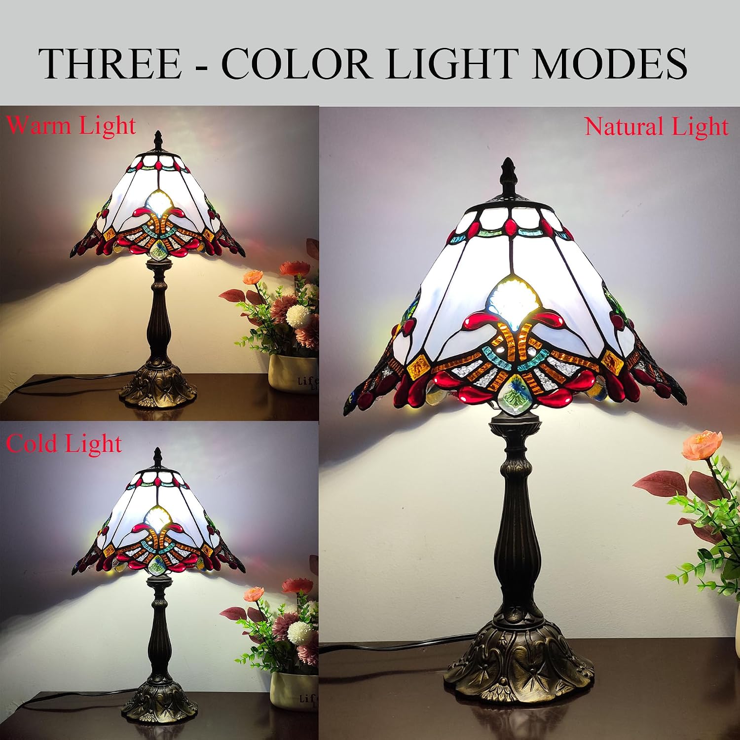 Tiffany Table Lamp Purple Baroque Style Stained Glass Lamp 12X12X19 Inch Antique Lamp for Office Home Bedroom Living Include 3-Color LED Bulb