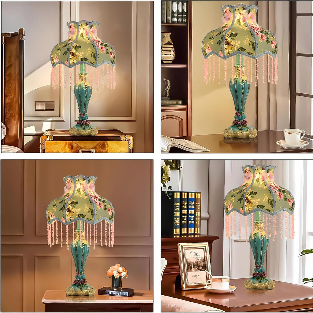 Green Victorian Table Lamp European Style Fabric Desk Lamps with Fringe Beaded Lampshade Painted Resin Base Handmade Vintage Flower Bedside Night Light for Bedroom Living Room Office