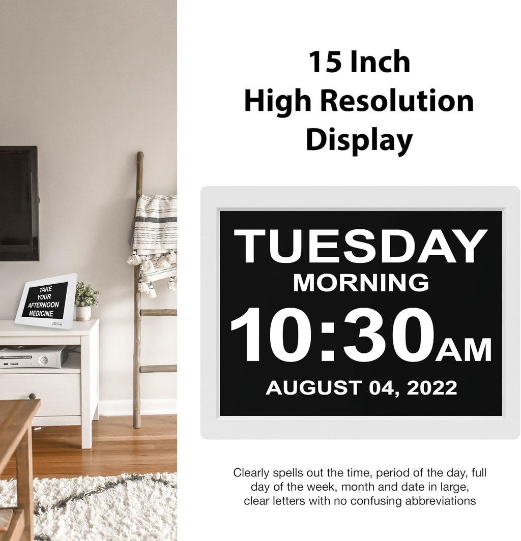 American Lifetime Dementia Clock - Large Digital Clock for Seniors, Custom Alarms, Day & Date Display, White, 15 Inches