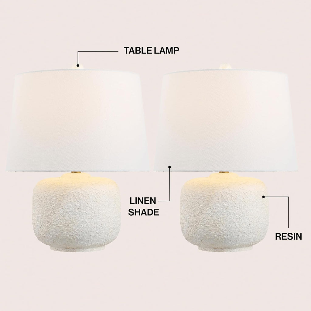 JONATHAN Y 20' Antique White Textured Resin Table Lamp Set of 2 for Bedroom, Coastal Farmhouse Nightstand Lamps for Living Room, White Linen Shade, LED Bulbs Included JYL9208A-SET2