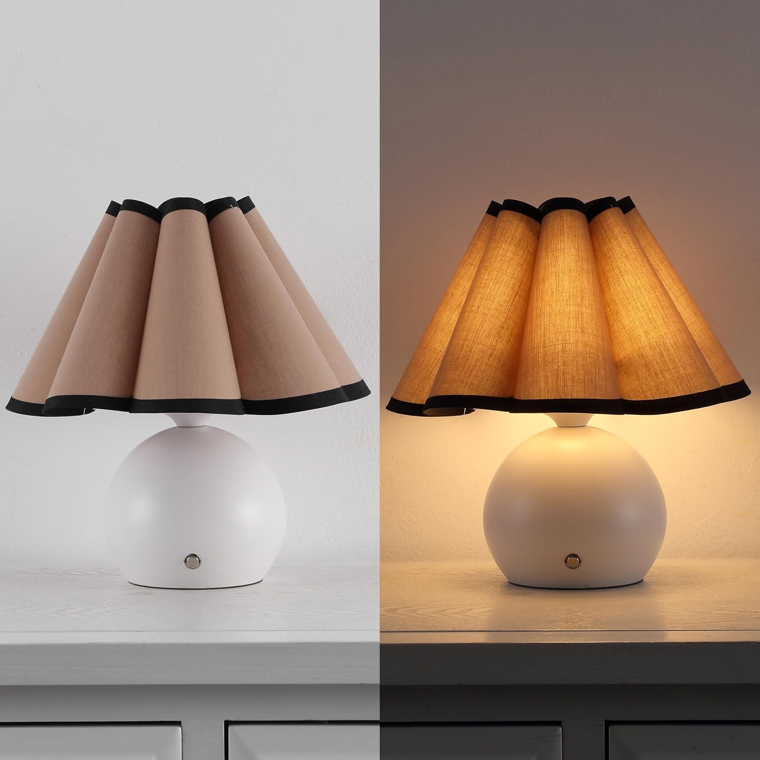 JONATHAN Y 10.5' Ivory Rechargeable Cordless Integrated LED Table Lamps Set of 2, Classic Vintage Scalloped Linen Shade, Dimmable Touch Sensor Accent Lamps JYL7157A-SET2