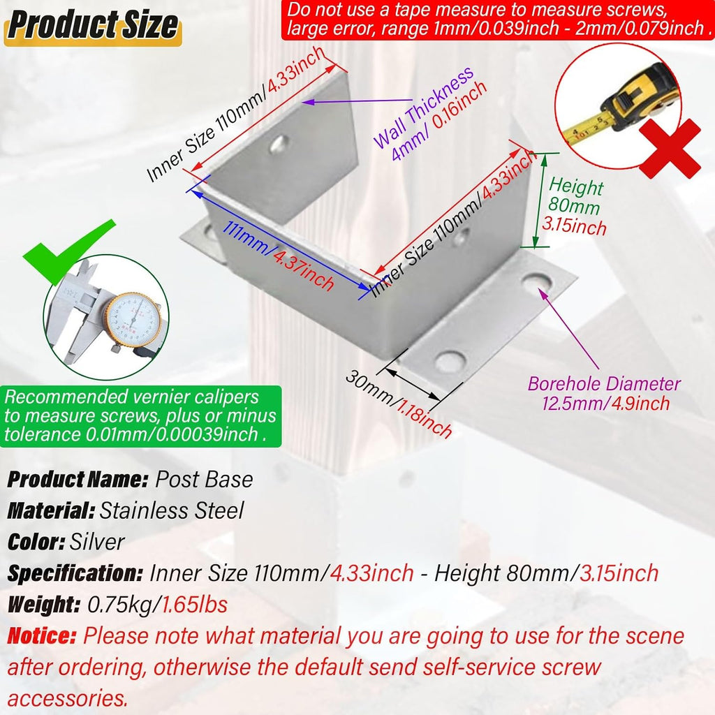 Heavy Duty Stainless Steel Post Base Brackets - 4 Pack for Wooden Posts, Mailboxes, Decks, and Fences(110x110x80mm)