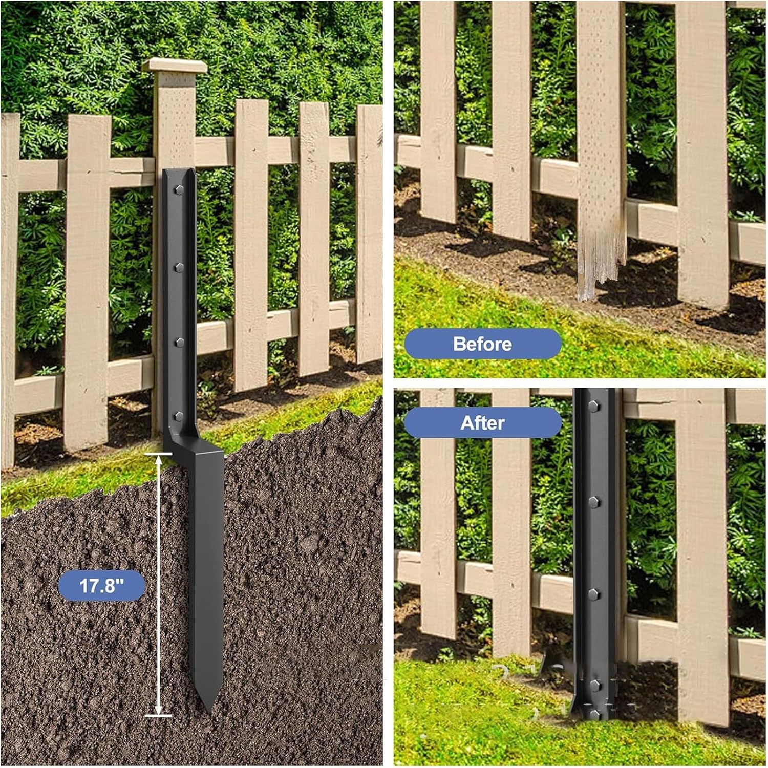 Luocute Fence Post Repair Kit, Heavy Duty Steel Anchor Stakes for Tilted Broken Wood Support with Cruciform Lower Plate, for Wooden Fence Mailbox Gates Garden Farm Reinforcement
