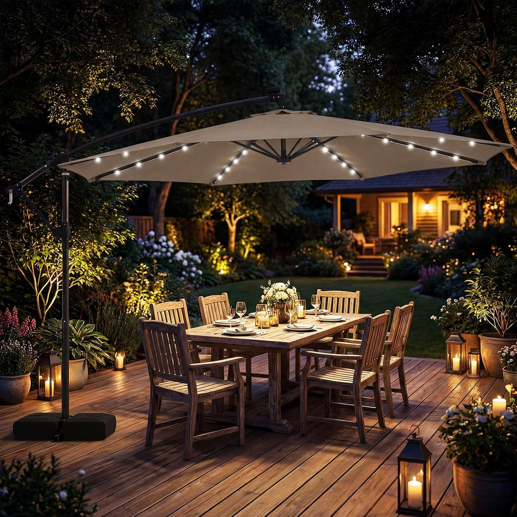 Tangkula 10ft Solar Patio Umbrella with Base Included, Offset Cantilever Outdoor Umbrella with 32 LED Lights, 360 Degree Rotation, Crank Handle for Pool Deck Garden Backyard (Tan)