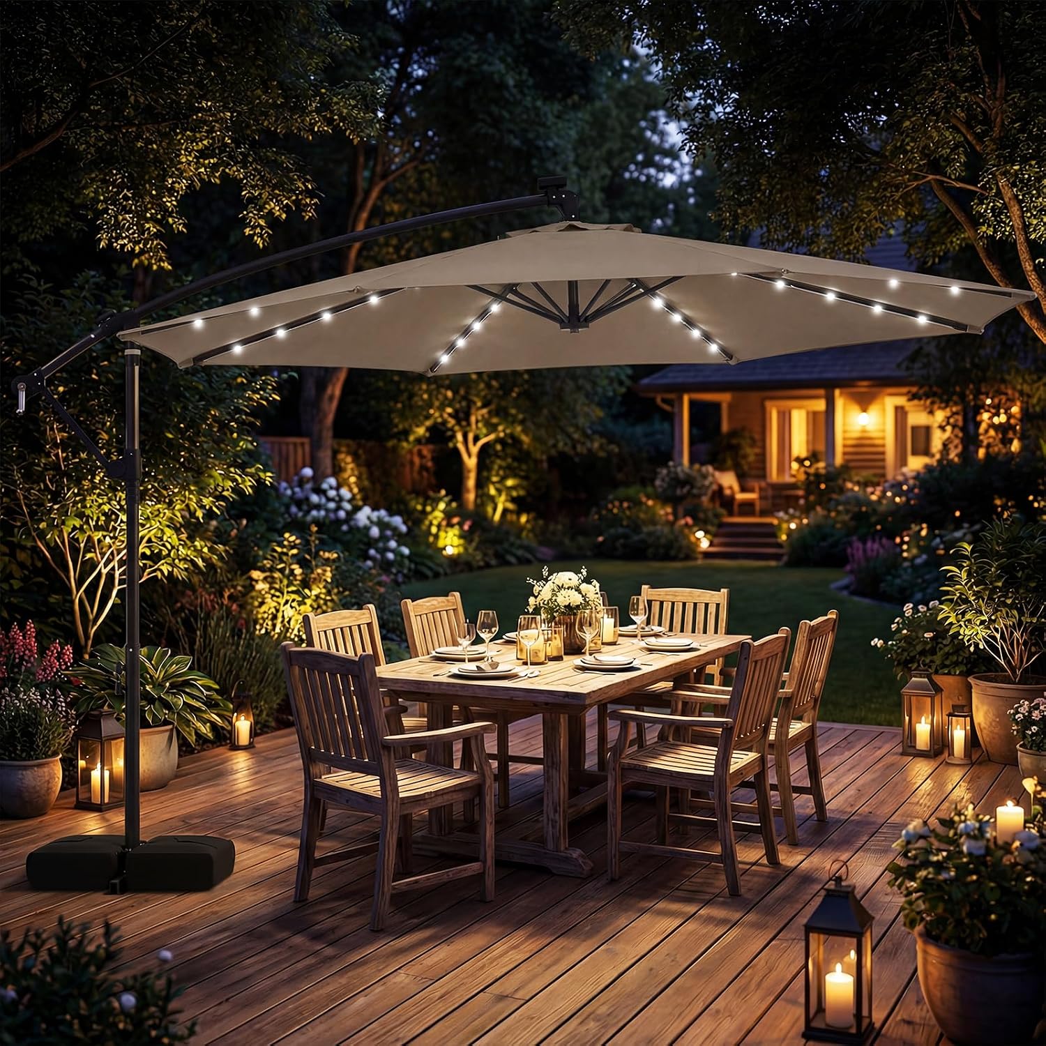 Tangkula 10ft Solar Patio Umbrella with Base Included, Offset Cantilever Outdoor Umbrella with 32 LED Lights, 360 Degree Rotation, Crank Handle for Pool Deck Garden Backyard (Tan)