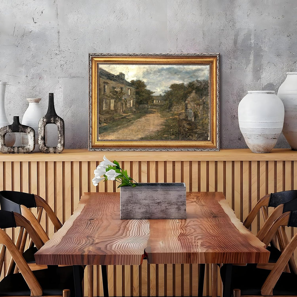 Large Framed Vintage European Village Street Canvas Wall Art Antique Old Town Oil Painting Print Rustic Architectural Landscape Poster Artwork Classic Country Picture Decor for Living Room 24x36inch