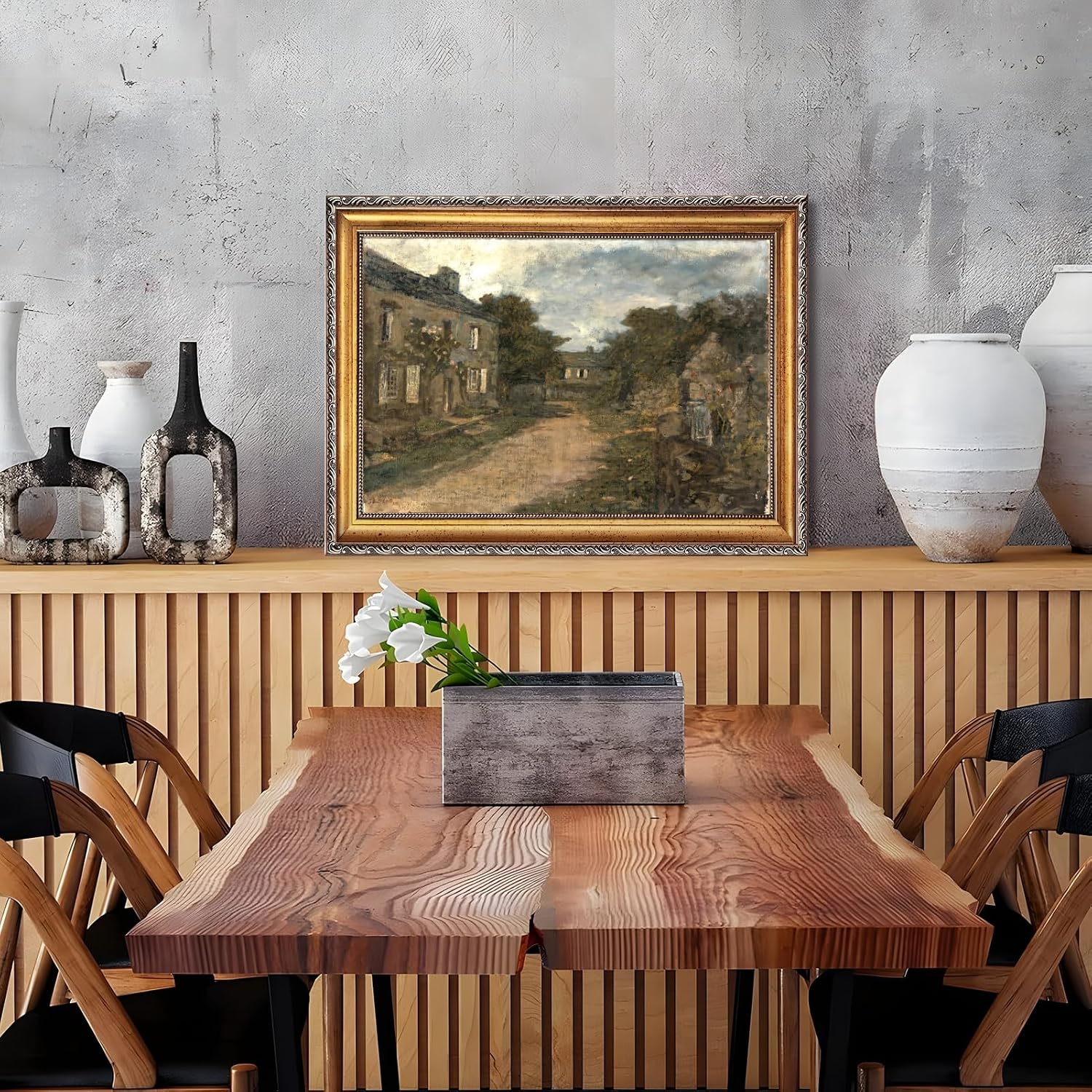 Large Framed Vintage European Village Street Canvas Wall Art Antique Old Town Oil Painting Print Rustic Architectural Landscape Poster Artwork Classic Country Picture Decor for Living Room 24x36inch