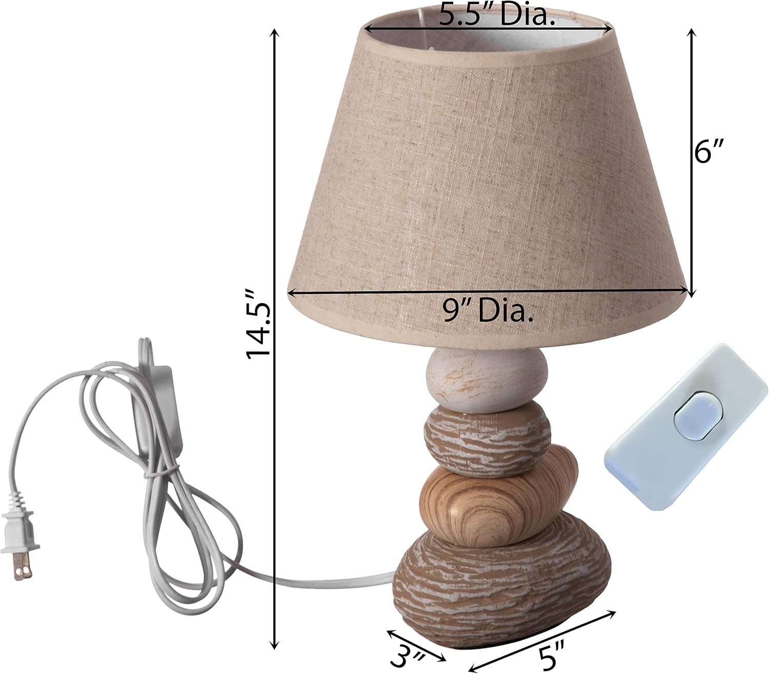 Quickway Imports Designer Table Lamps, Decorative Ceramic Table Lamp, with Beige, Brown, and White Stones and Beige Linen Lampshade, 14 inches Tall, Unique Lamp for Living Room or Bedroom