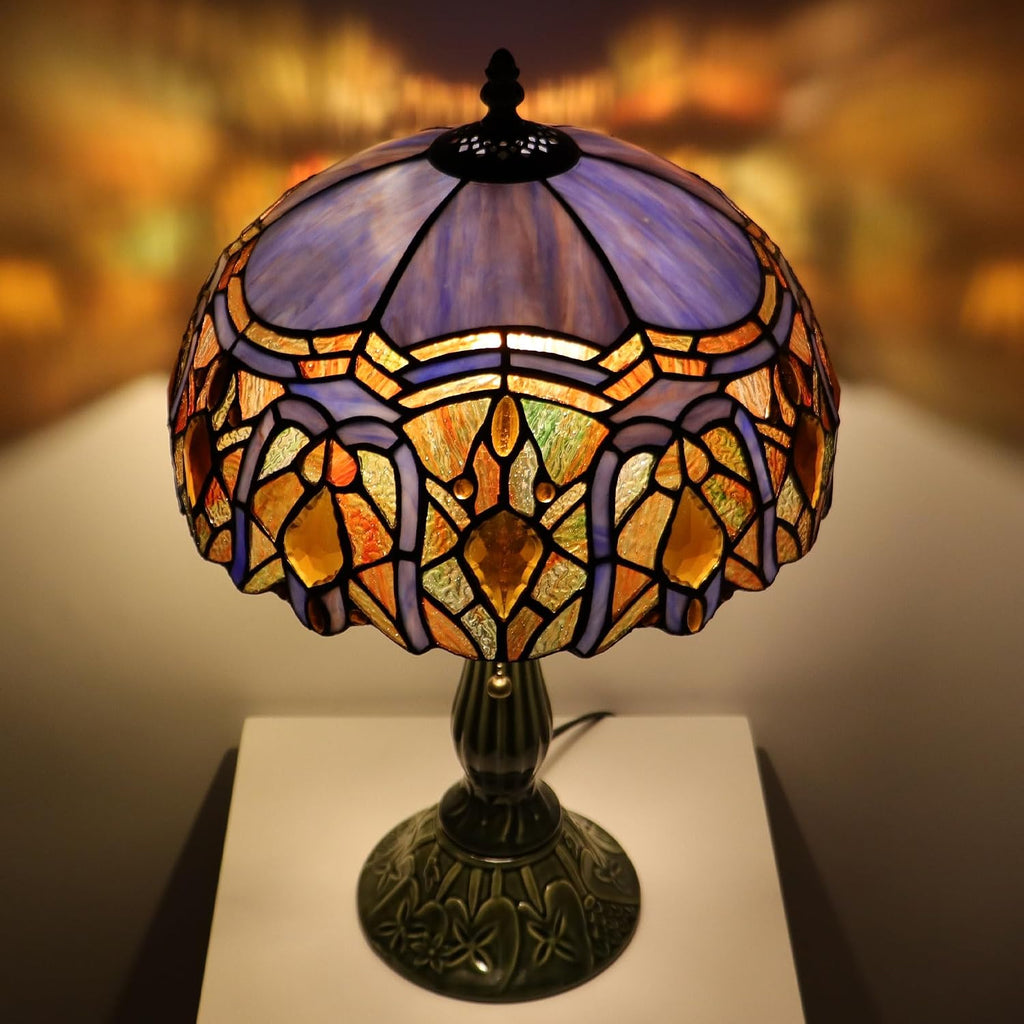 Tiffany Lamp Stained Glass Table Lamps Purple Jewelry Baroque Style Desk Lamp 12X12X18.5 Inch Bronze Ceramic Base Reading Light Suitable for Bedside Bedroom Living Room Dining Room Office