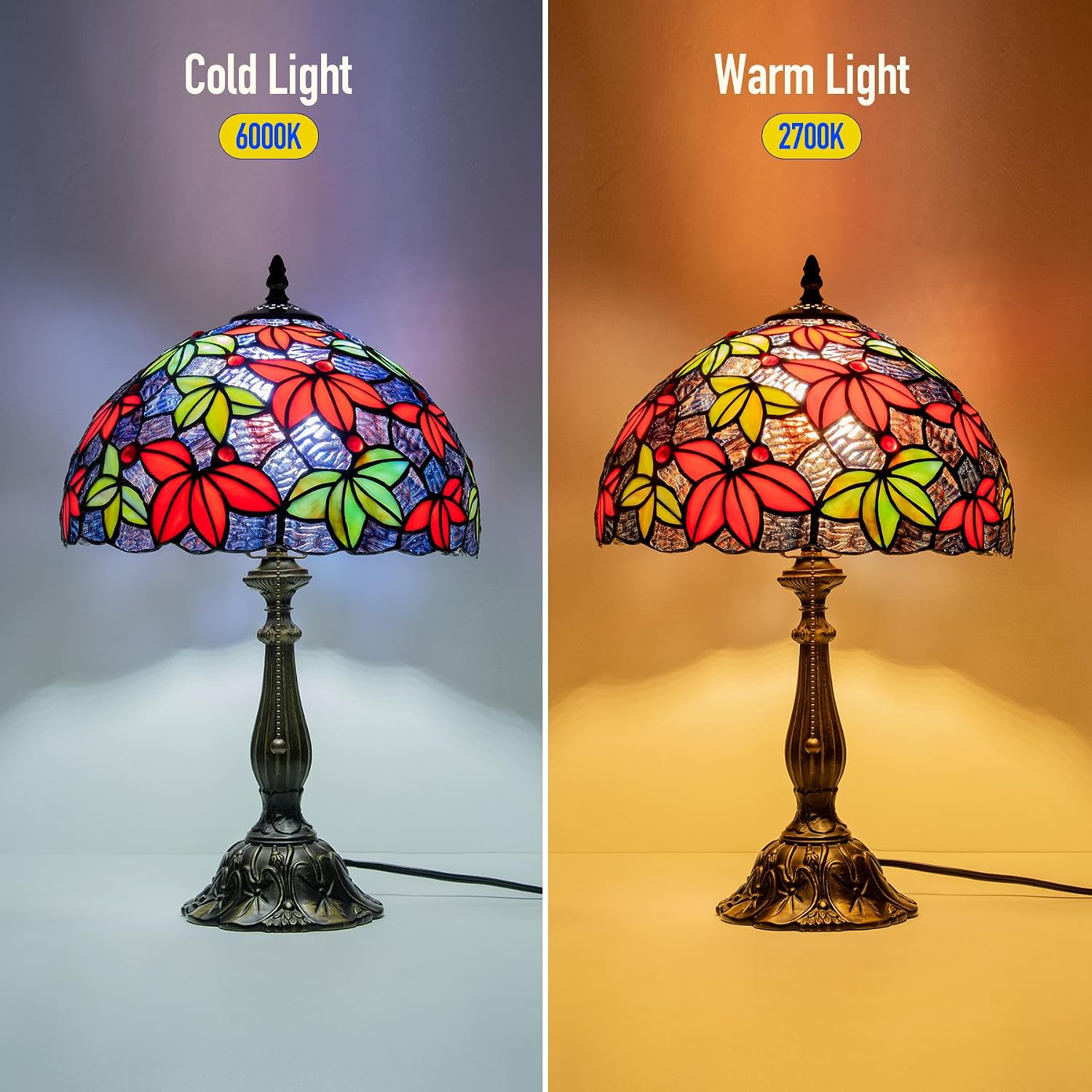 Tiffany Style Table Lamp, 12 Inch Stained Glass Bedside with Red Green Maple Leaf Design Vintage Handcrafted Nightstand Lamp for Reading Living Room Bedroom Office