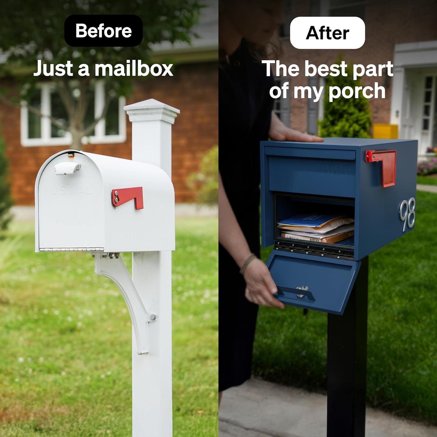 Adoorn Lockable Post Mount Mailboxes for Outside - Small Anti-Theft Locking Mailbox for Packages and Letters - Weatherproof Construction - Durable Steel - 12' H x 12' W x 18.5' D - Navy