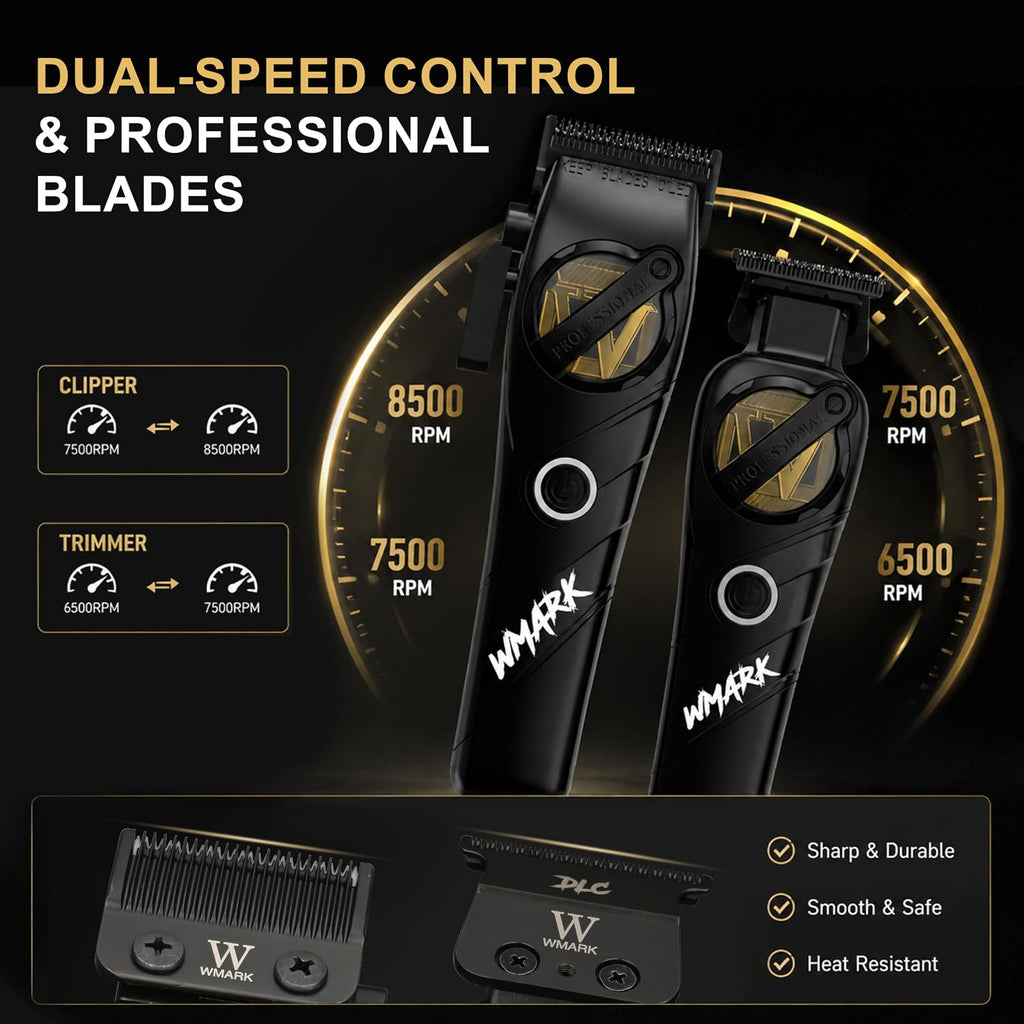 WMARK Professional 2-Piece Haircut Kit for Barber - High-Speed Clipper (7500/8500rpm) & Detail Trimmer (6500/7500rpm), Ceramic Blades, Rechargeable Lithium-Ion Batteries, NG-8613 KIT (Black)