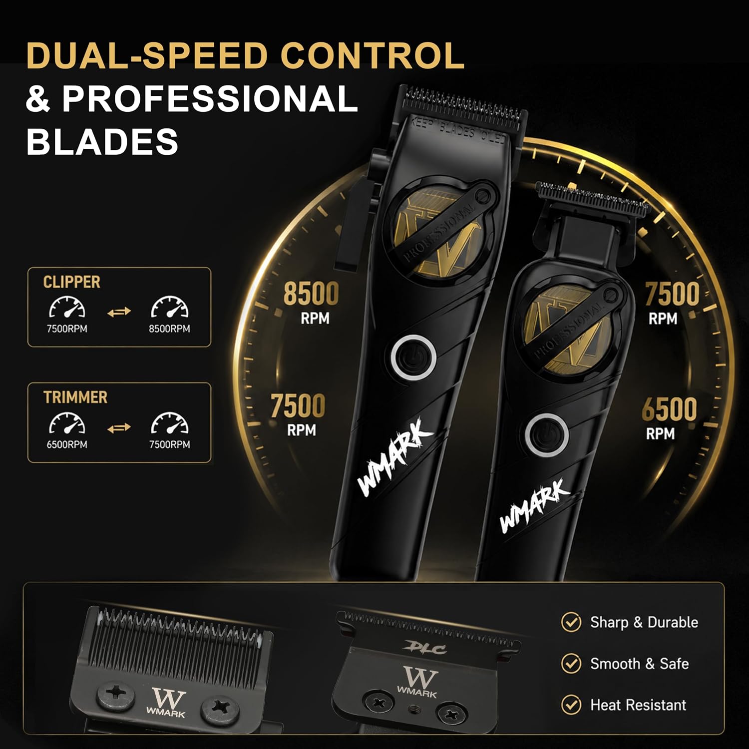 WMARK Professional 2-Piece Haircut Kit for Barber - High-Speed Clipper (7500/8500rpm) & Detail Trimmer (6500/7500rpm), Ceramic Blades, Rechargeable Lithium-Ion Batteries, NG-8613 KIT (Black)