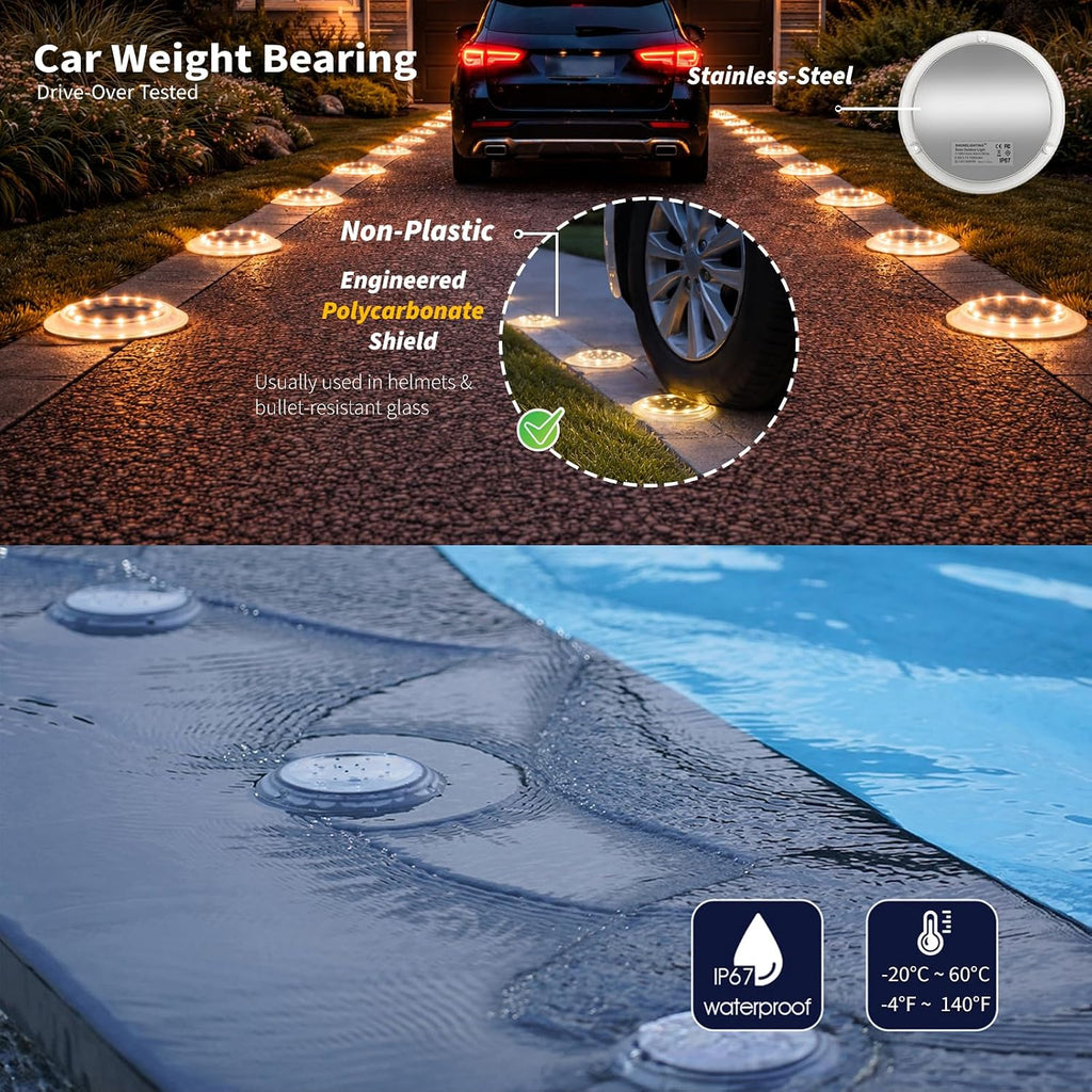 SHONELIGHTING Solar Dock Lights Outdoor Waterproof, Flat Low Profile Disc LED for Deck, Driveway, Ground & Pathway, Anti-Slip & Anti-Trip (Warm White, 12Pack)