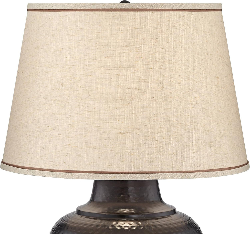 Barnes and Ivy Brighton Southwest Rustic Farmhouse Table Lamp 27.25' Tall Hammered Warm Bronze Metal Pot Beige Fabric Drum Shade for Living Room Bedroom House Bedside Nightstand Home Office