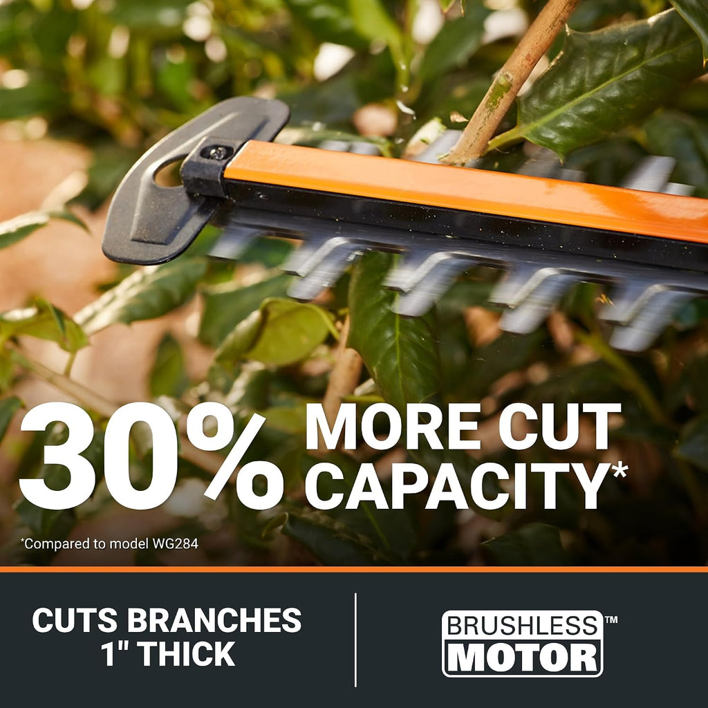 WORX Nitro 24' Cordless Hedge Trimmer, Electric Hedge Trimmer with Dual-Action Blades & 3400 SPM, Brushless Bush Trimmer with 180° Rotating Handle, 2 Batteries & Charger Included, WG286