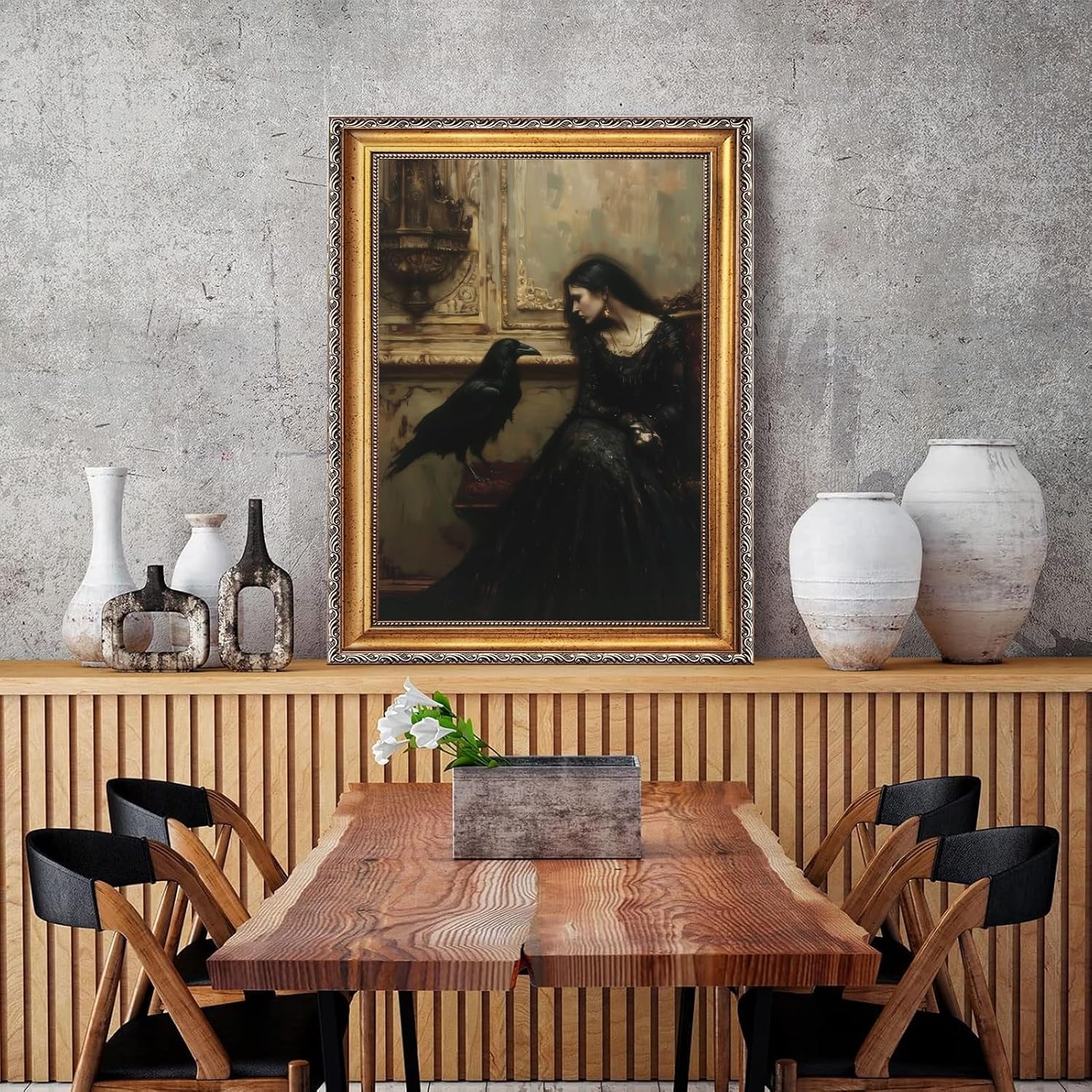 Licpach Retro Gold Frame Wall Art Vintage Gothic Woman Raven Dark Academia Decor Canvas Print Moody Victorian Portrait Painting Horror Aesthetic Artwork Witchy Poster for Bedroom Bathroom 24x36inch