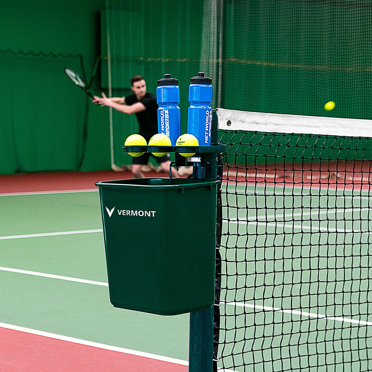 Vermont Tennis Court Trash Can & Shelf | Durable PVC with Aluminum Bracket