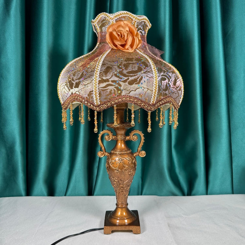 SEESIRHOP Vintage Table Lamp Flower 1 Light Floral Victorian Lamp Beaded Fringe Lamp Brown Fabric Lampshade European Nightstand Lamp with Lace