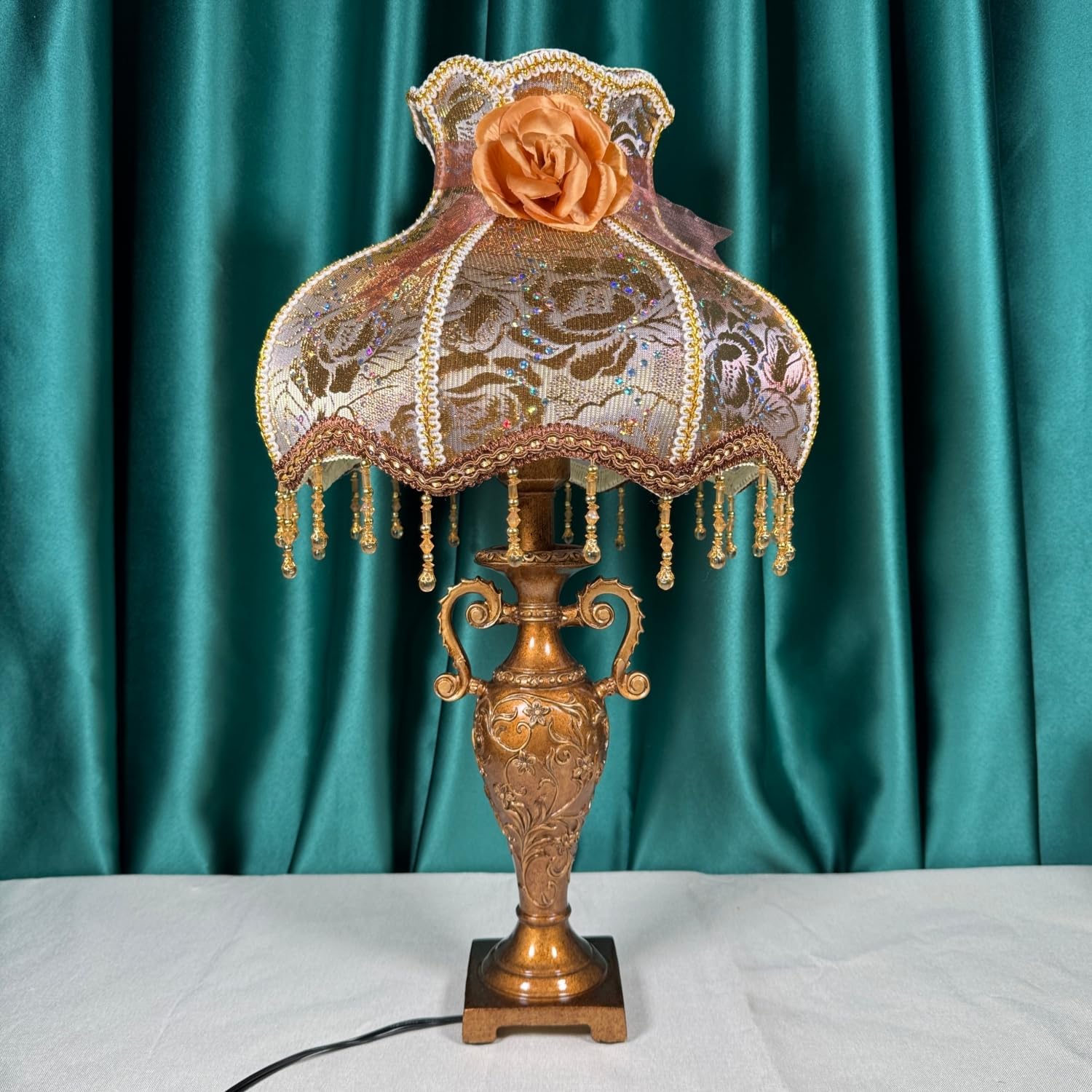 SEESIRHOP Vintage Table Lamp Flower 1 Light Floral Victorian Lamp Beaded Fringe Lamp Brown Fabric Lampshade European Nightstand Lamp with Lace