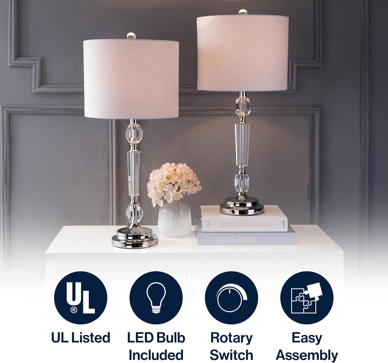 JONATHAN Y 27' Clear Crystal LED Table Lamp Set of 2, Modern Glam Candlestick Bedside Lamps for Living Room Bedroom, Chrome, White Linen Drum Shade, LED Bulbs Included JYL2047A-SET2