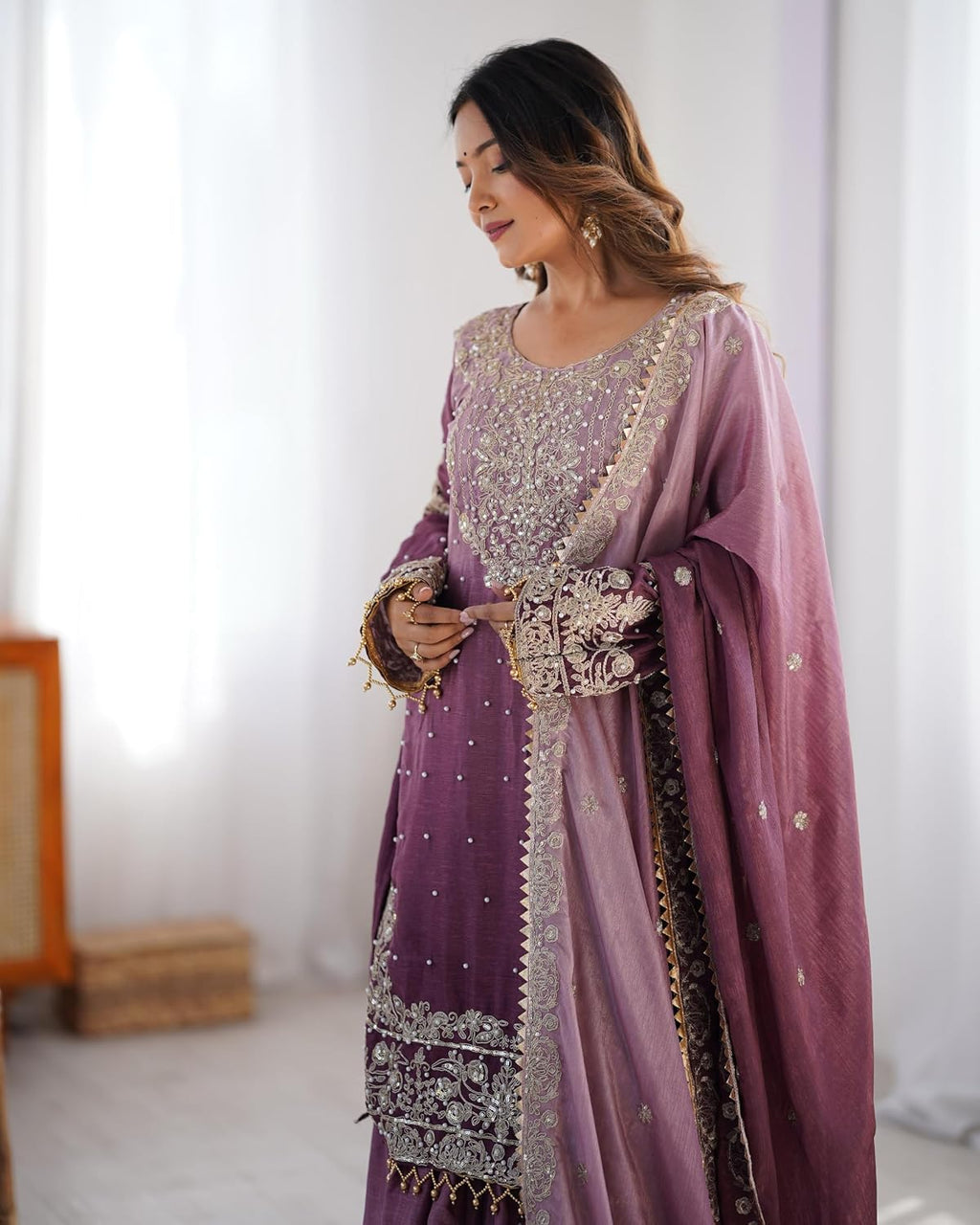 Indian Women's Chinon Silk Fabric Codeing Dori Sequnce Rivet Moti Work Suit 12236
