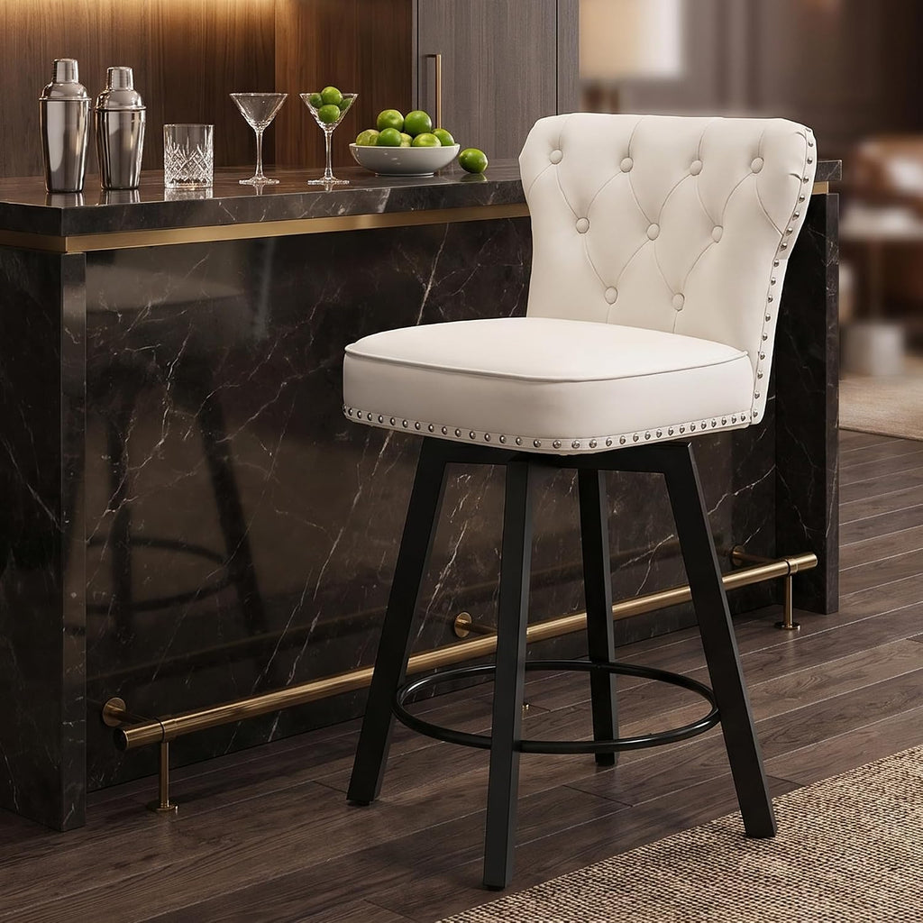 Counter Height Bar Stools, 26' Mid-Century Swivel Bar Stool with Metal Base for Kitchen Island, Rivet Armless Faux PU Leather Barstool with High Back and Large Thick Cushion, Beige