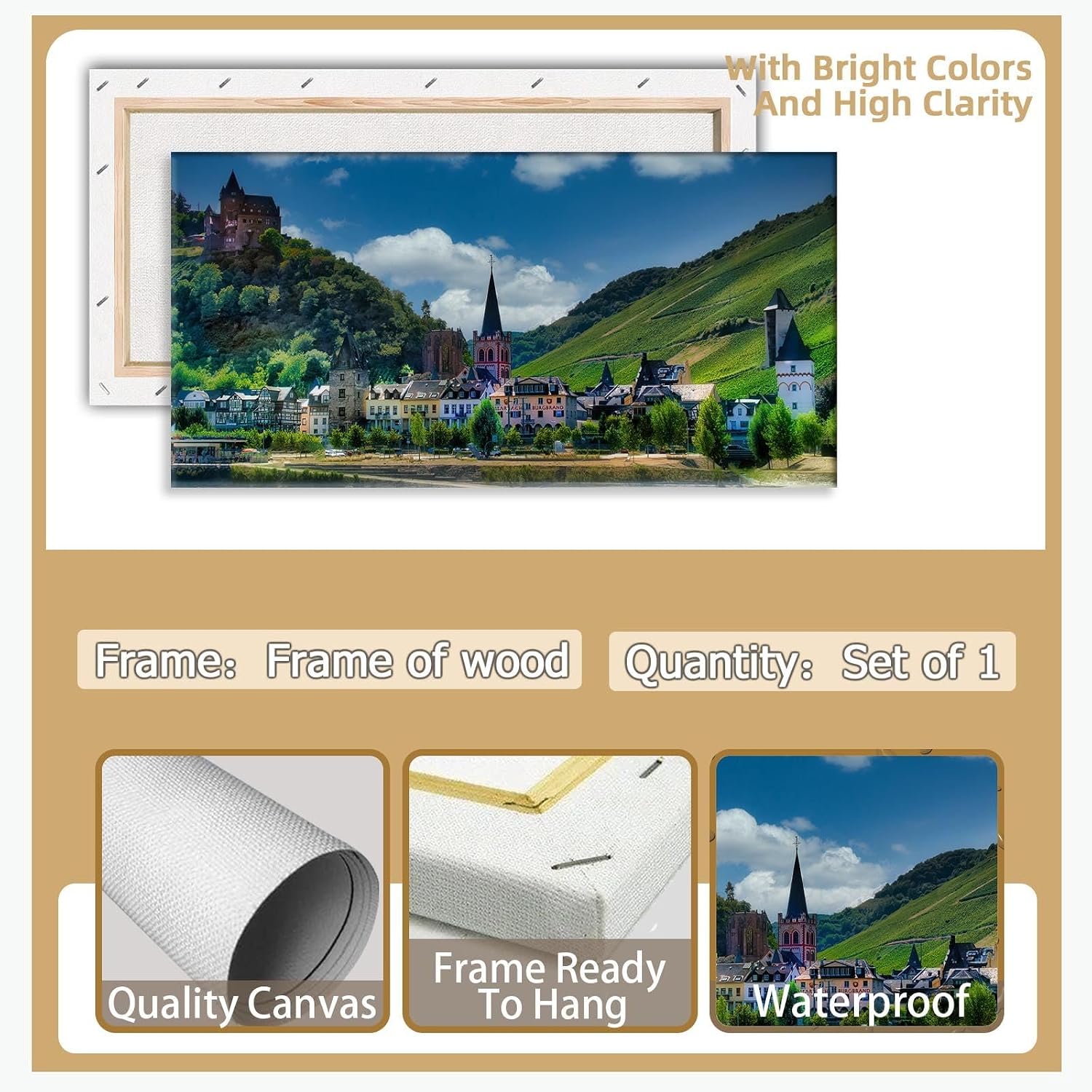 European Hillside Townscape Poster Vintage Medieval Castle Wall Art Colorful Print Vineyard Hills Backdrop Decor Romantic Rhine Valley Canvas Apartment Living Room Artwork 20x40inch Framed