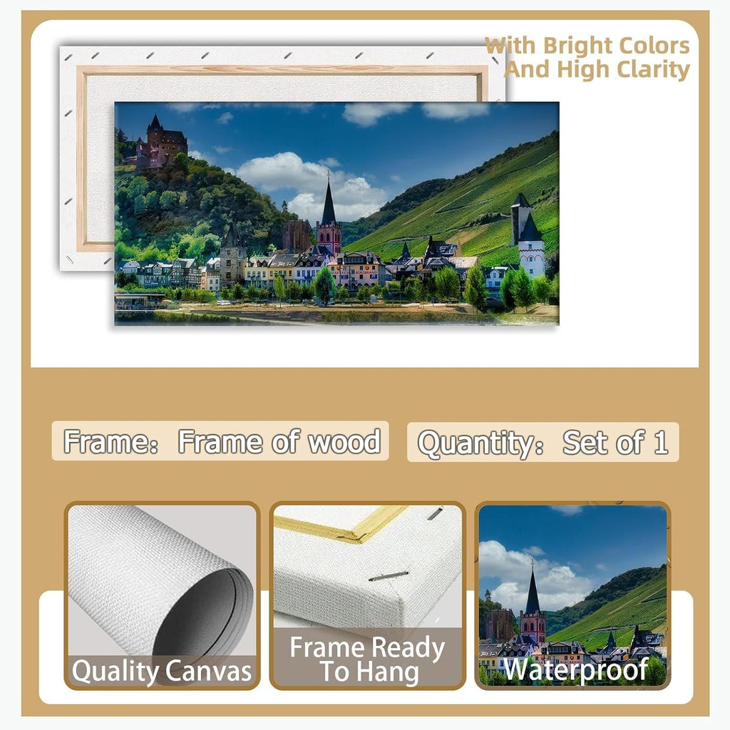 European Hillside Townscape Poster Vintage Medieval Castle Wall Art Colorful Print Vineyard Hills Backdrop Decor Romantic Rhine Valley Canvas Apartment Living Room Artwork 24x48inch Framed